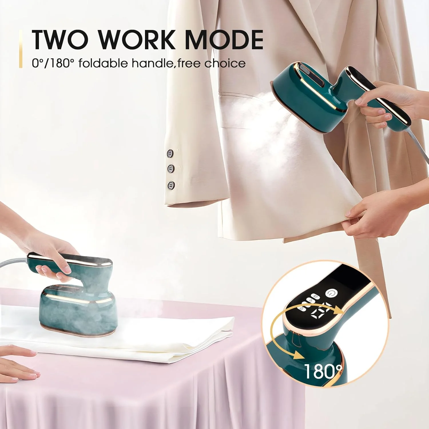 اتو بخار مسافرتی TEHONGMAI برای لباس - اتو بخار دستی 1000 وات قابل حمل برای پارچه و لباس، مخزن آب 100 میلی لیتری، 3 سطح خروجی بخار، گرم شدن سریع 10 ثانیه ای، اتو صفحه نمایش LCD برای خانه و مسافرت، سبز