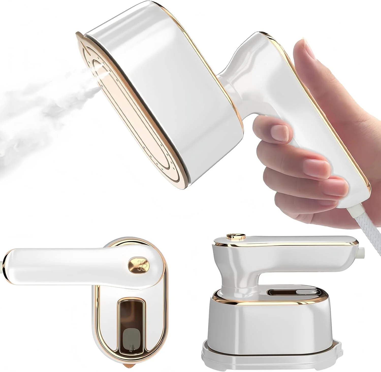 اتو بخار لباس، اتو بخار دستی کوچک میکرو با دسته چرخان 180 درجه که اتو را به بخارگر دستی تبدیل می کند، گرم شدن سریع 15 ثانیه ای، تاشو 2 در 1، برای خانه و مسافرت (سفید)