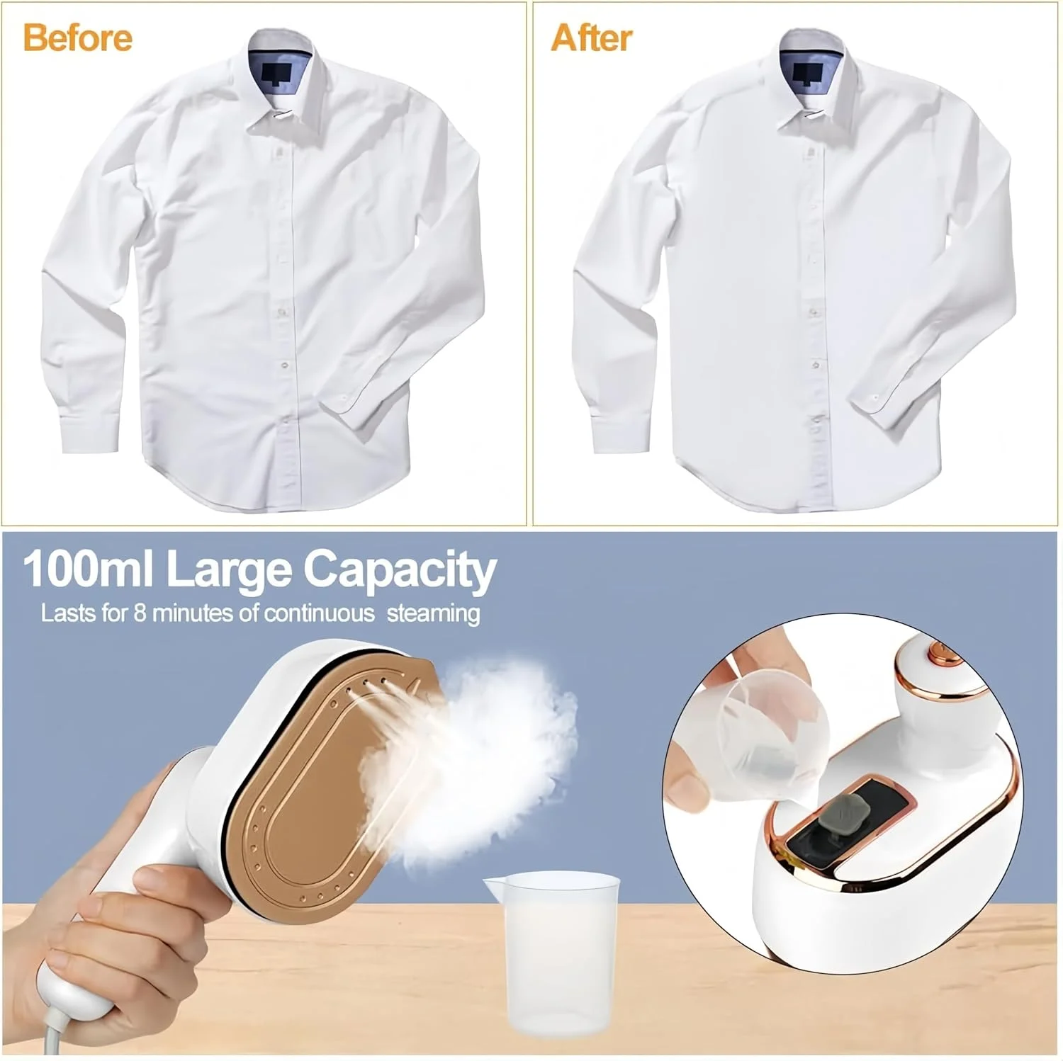 اتو بخار لباس، اتو بخار دستی کوچک میکرو با دسته چرخان 180 درجه که اتو را به بخارگر دستی تبدیل می کند، گرم شدن سریع 15 ثانیه ای، تاشو 2 در 1، برای خانه و مسافرت (سفید)