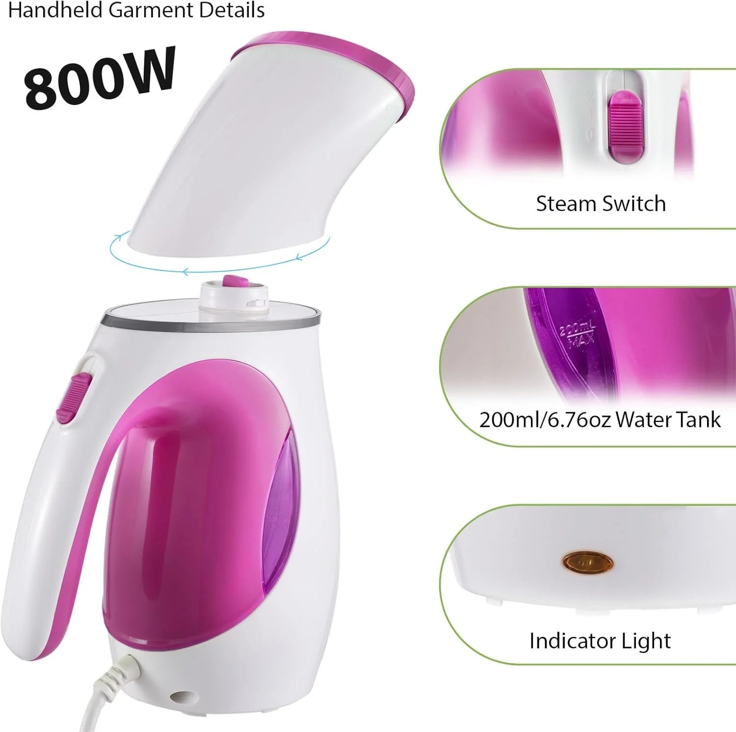 بخارگر لباس 800 واتی دستی با مخزن آب بزرگ 200 میلی لیتری، گرم شدن سریع، نفوذ قوی، اتو بخار قابل حمل از بین برنده چروک، مناسب برای لباس ها و پارچه ها برای مسافرت