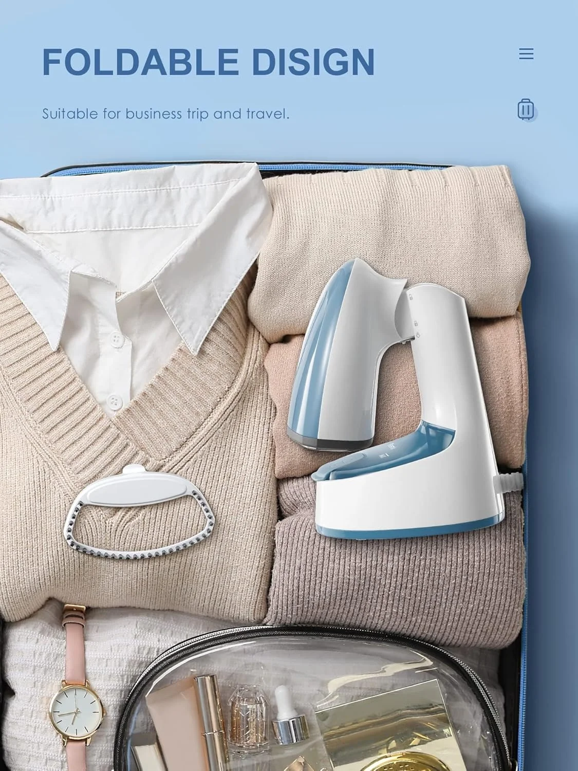 بخارگر لباس، بخارگر دستی لباس، بخار قوی نافذ 20 گرم در دقیقه، اتو بخار از بین برنده چین و چروک پارچه، برای خانه، محل کار و مسافرت (آبی)