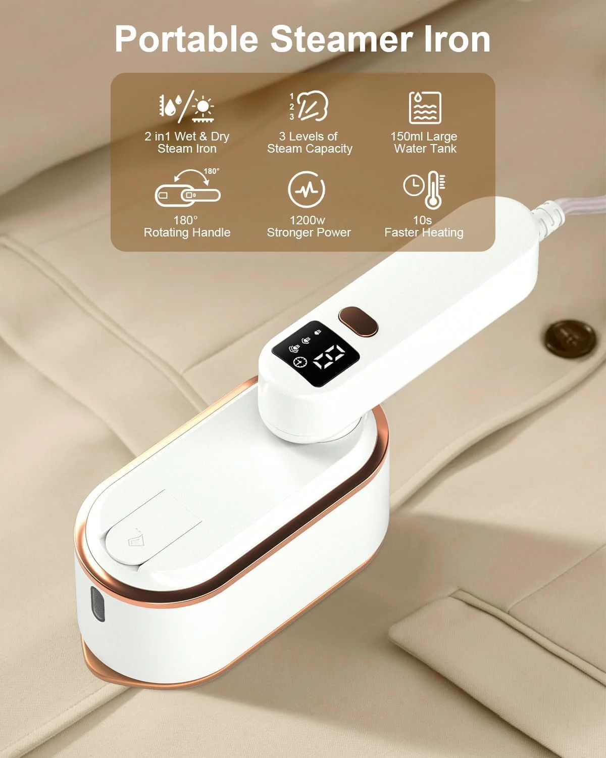 اتو بخار مسافرتی لباس، اتو بخار دستی قابل حمل 1200 وات، اتو بخار لباس با 3 سطح بخار با صفحه نمایش LCD، اتو بخار با گرمایش سریع 10 ثانیه ای برای پیراهن، مسافرت در منزل، دوشاخه UK