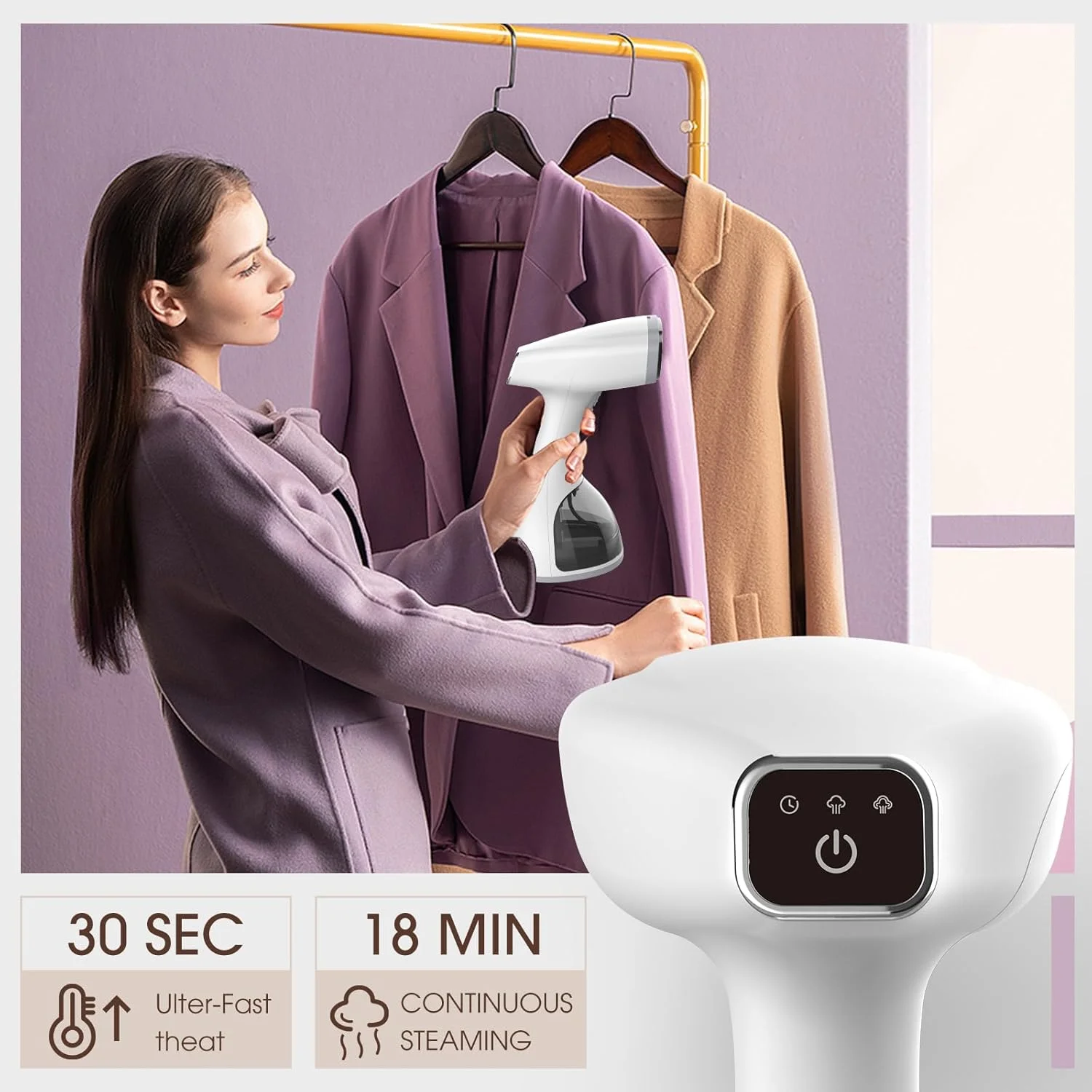 بخارگر لباس، بخارگر دستی لباس، بخارگر 1500 واتی لباس با مخزن آب جداشدنی 300 میلی لیتری، گرم شدن سریع در 30 ثانیه، خاموش شدن خودکار، اتو بخار از بین برنده چین و چروک پارچه با برس (خاکستری)
