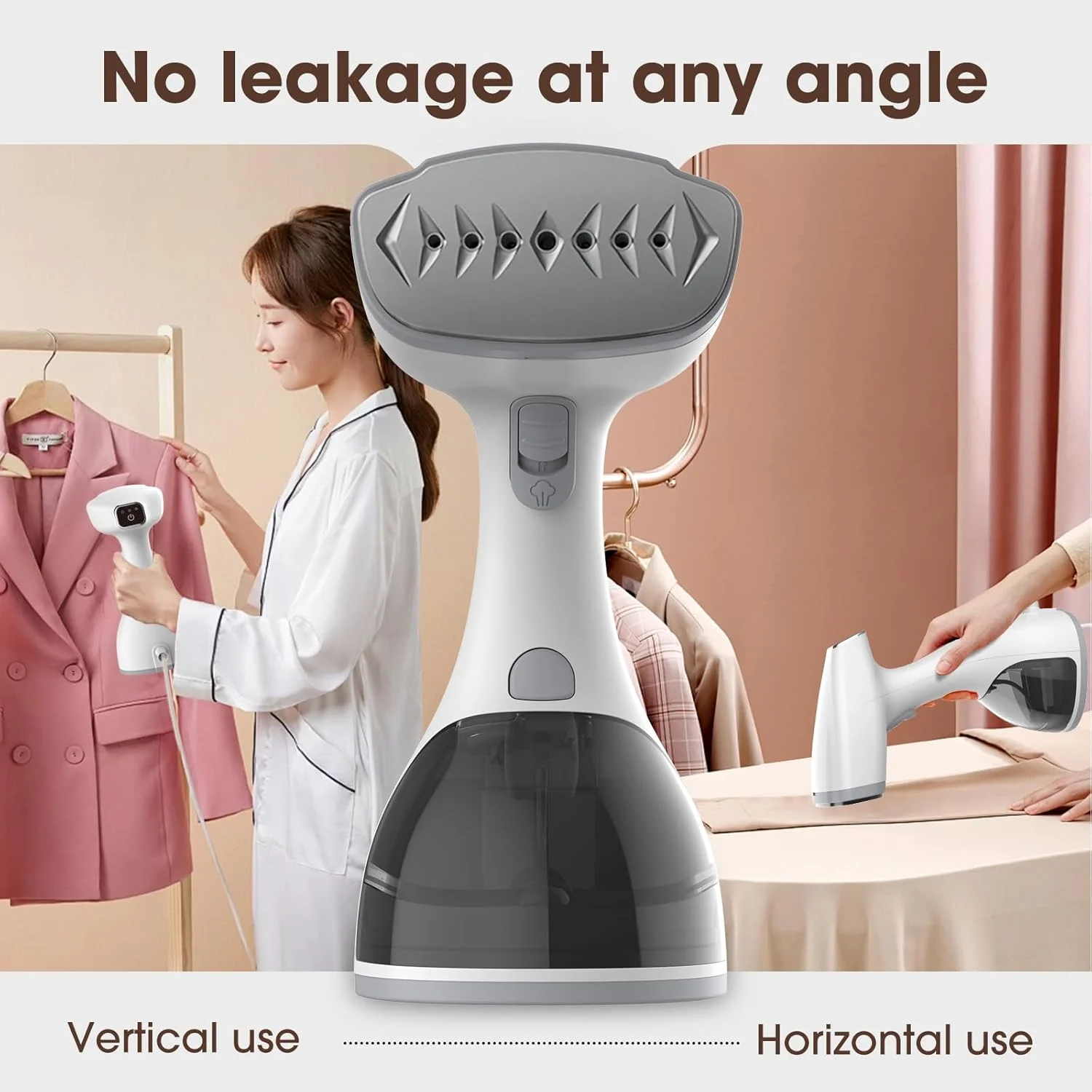 بخارگر لباس، بخارگر دستی لباس، بخارگر 1500 واتی لباس با مخزن آب جداشدنی 300 میلی لیتری، گرم شدن سریع در 30 ثانیه، خاموش شدن خودکار، اتو بخار از بین برنده چین و چروک پارچه با برس (خاکستری)