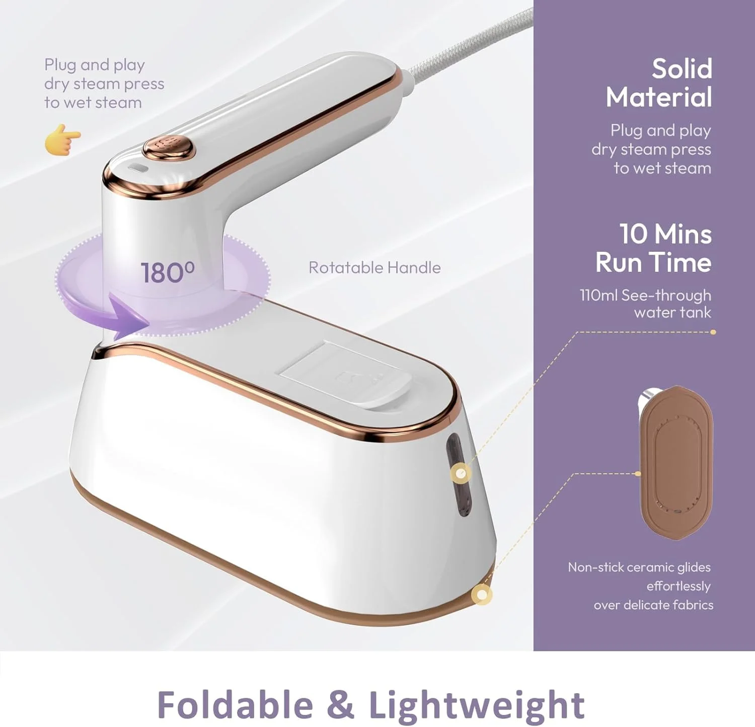 اتو بخار مسافرتی قابل حمل برای لباس، اتو بخار کوچک و جمع و جور، اتو بخار دستی پارچه، اتو مسافرتی کوچک 1300 واتی با گرمایش سریع و کارآمد با بخار، برای مسافرت های خانگی و دانشجویی (سفید)
