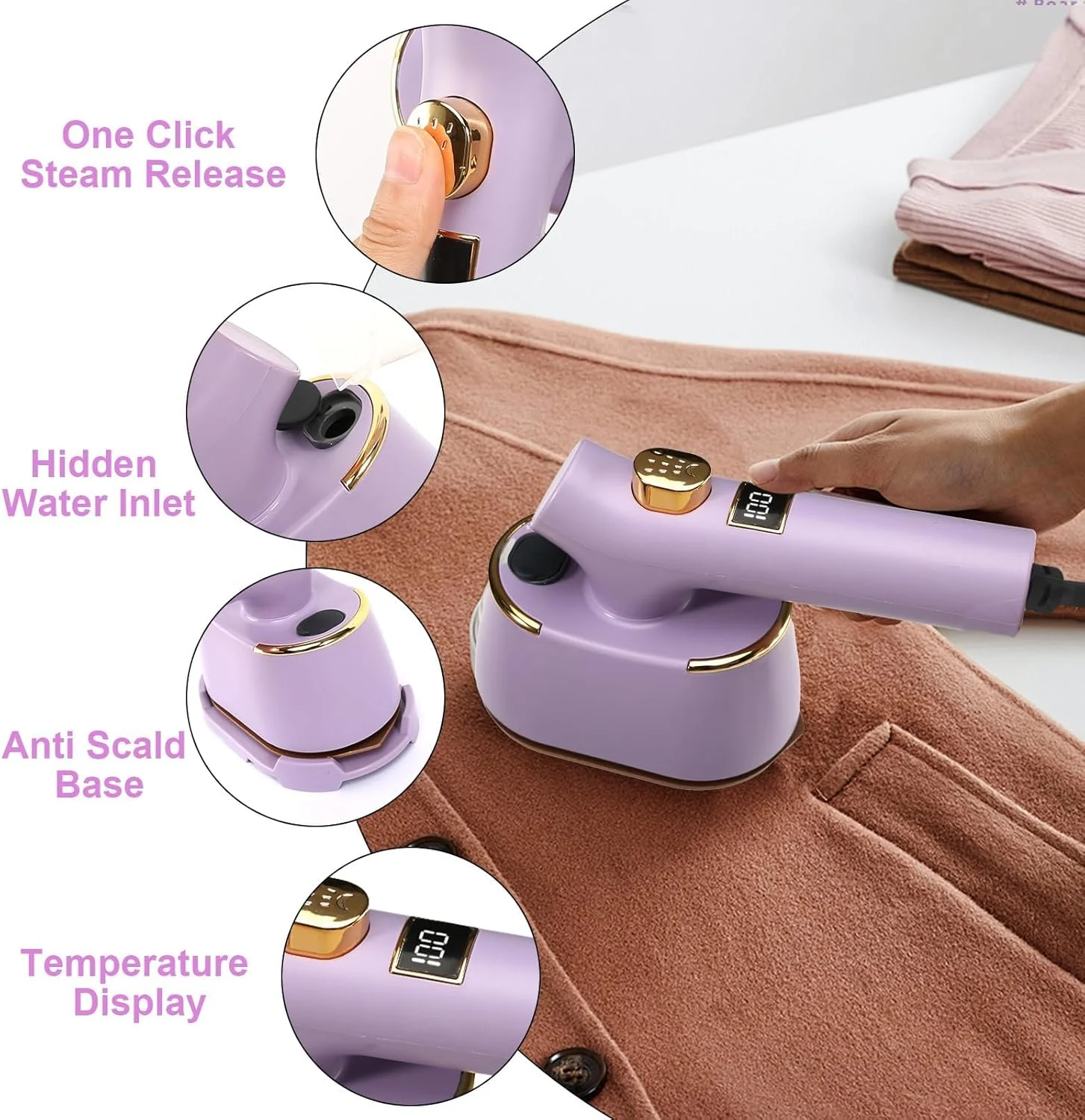 اتو بخار مسافرتی قابل حمل برای لباس، اتو بخار دستی کوچک با دسته چرخان 90 درجه، اتو بخار سریع 40 واتی با صفحه نمایش دیجیتال، مخزن آب 120 میلی لیتری برای استفاده در خانه، خوابگاه و مسافرت - سفید