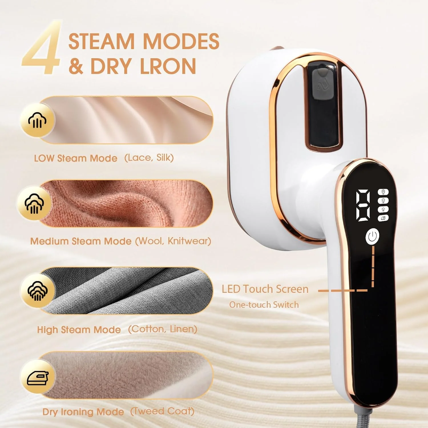 اتو بخار مسافرتی قابل حمل برای لباس، 1000 وات، اتو بخار تاشو دستی لباس، 4 حالت با صفحه نمایش LCD، گرم شدن سریع 9 ثانیه ای، دسته چرخان 180 درجه، از بین برنده قوی چین و چروک برای خانه، خوابگاه، مسافرت