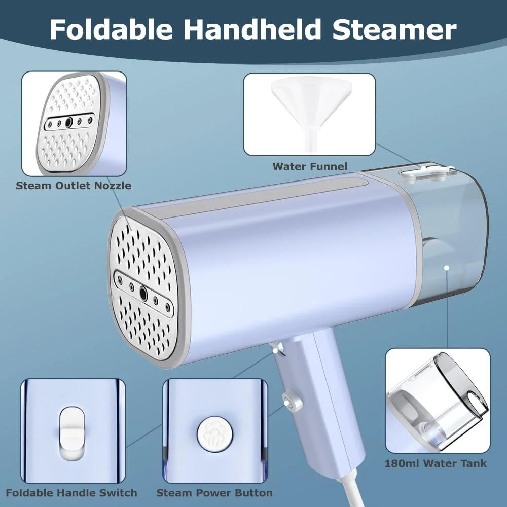 بخارگر دستی جمع و جور Oxsaytee برای لباس، بخارگر مسافرتی تاشو قابل حمل، مخزن آب 180 میلی لیتری با ظرفیت بزرگ، گرم شدن سریع 16 ثانیه ای، بخارگر پارچه ای با برس و قیف برای خانه، دفتر، مسافرت، بنفش روشن