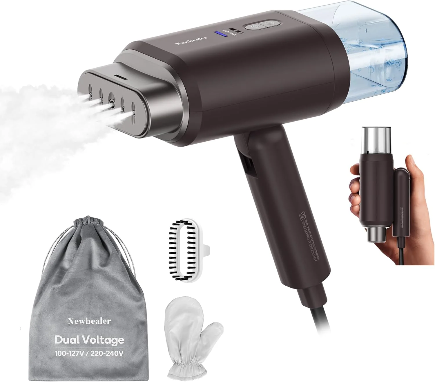 بخارگر مسافرتی دو ولتاژ نیوبیلر - بخارگر دستی 120 ولت/220 ولت برای لباس، بخاردهی افقی و عمودی 1200 وات، گرم شدن در 20 ثانیه، تاشو، 780 گرم، از بین برنده چروک لباس 180 میلی لیتری (قهوه ای)