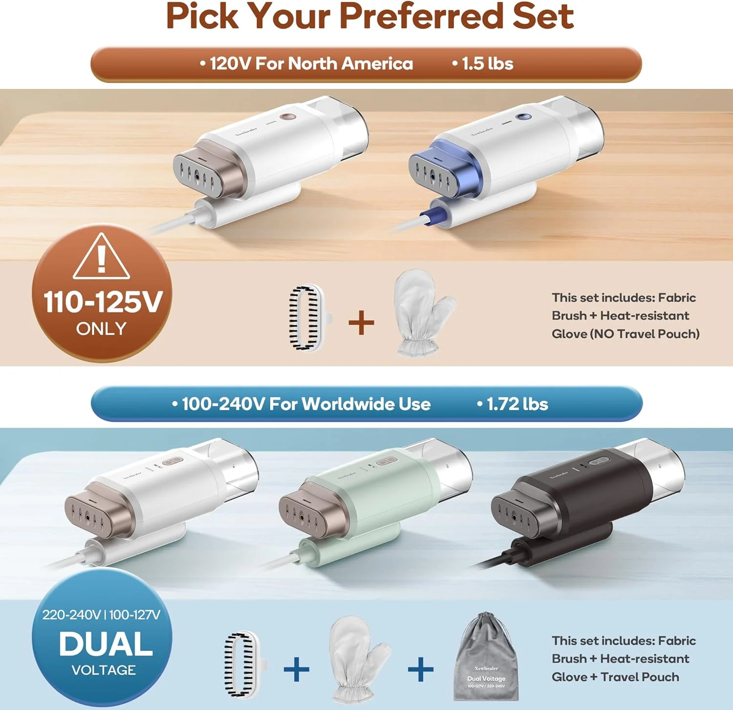بخارگر مسافرتی دو ولتاژ نیوبیلر - بخارگر دستی 120 ولت/220 ولت برای لباس، بخاردهی افقی و عمودی 1200 وات، گرم شدن در 20 ثانیه، تاشو، 780 گرم، از بین برنده چروک لباس 180 میلی لیتری (قهوه ای)