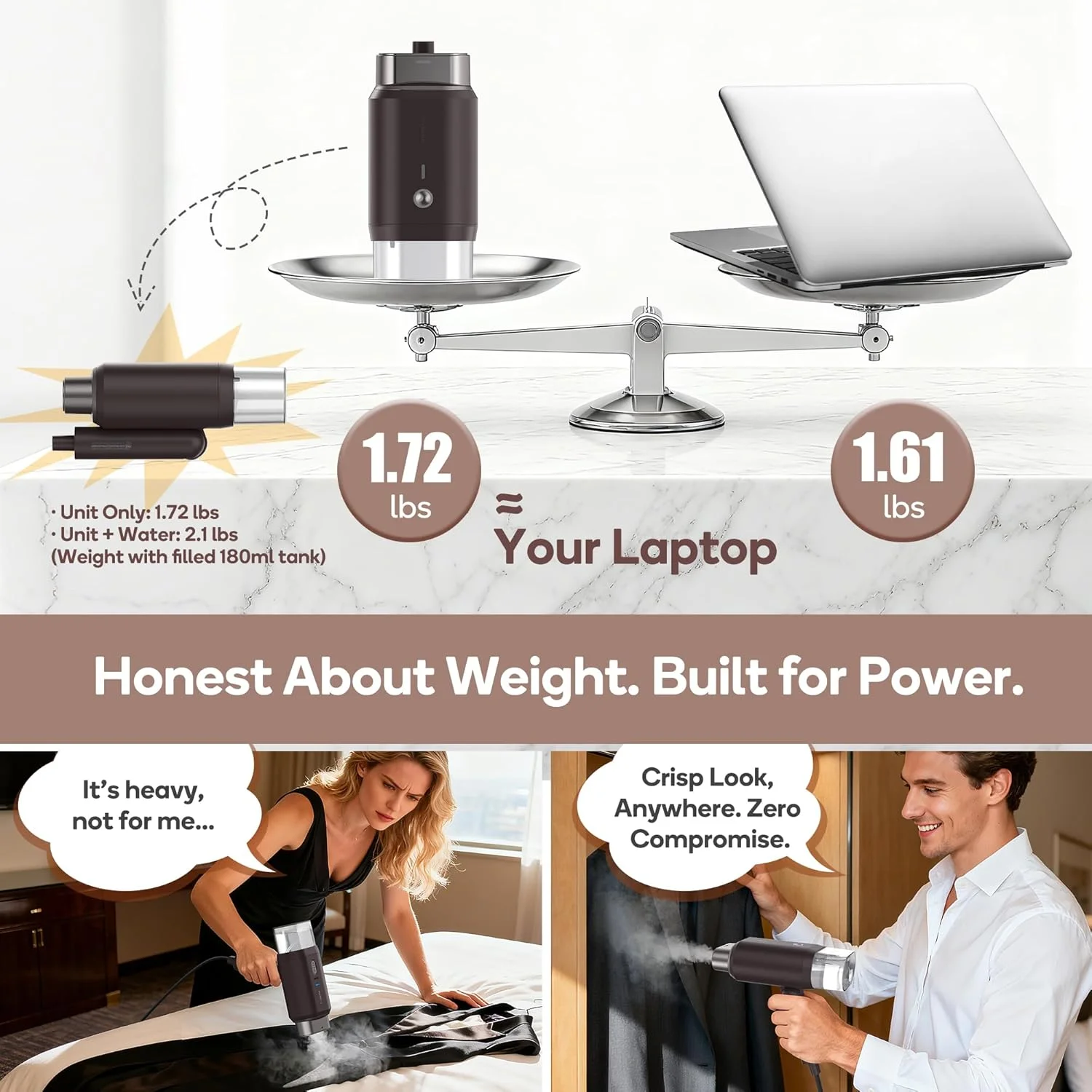 بخارگر مسافرتی دو ولتاژ نیوبیلر - بخارگر دستی 120 ولت/220 ولت برای لباس، بخاردهی افقی و عمودی 1200 وات، گرم شدن در 20 ثانیه، تاشو، 780 گرم، از بین برنده چروک لباس 180 میلی لیتری (قهوه ای)