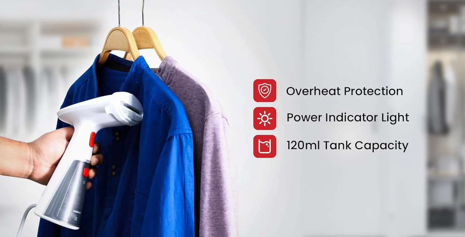 بخارگر دستی لباس اولسن مارک OMGS1817، توان: 1000 وات، مخزن آب 120 میلی لیتری، سطح بخار روشن/خاموش، بدون نشتی، محافظت در برابر گرمای بیش از حد، بخارگر قابل حمل و سبک برای انواع پارچه