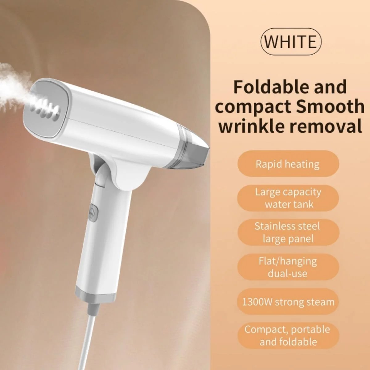 بخارگر لباس قابل حمل Kameety، بخارگر دستی 1300 واتی، اتو بخار سریع برای از بین بردن چروک لباس، ایده آل برای پنبه، کتان، ابریشم، حریر، توری، پیراهن ترکیبی، لباس مجلسی، کت و شلوار (سفید)