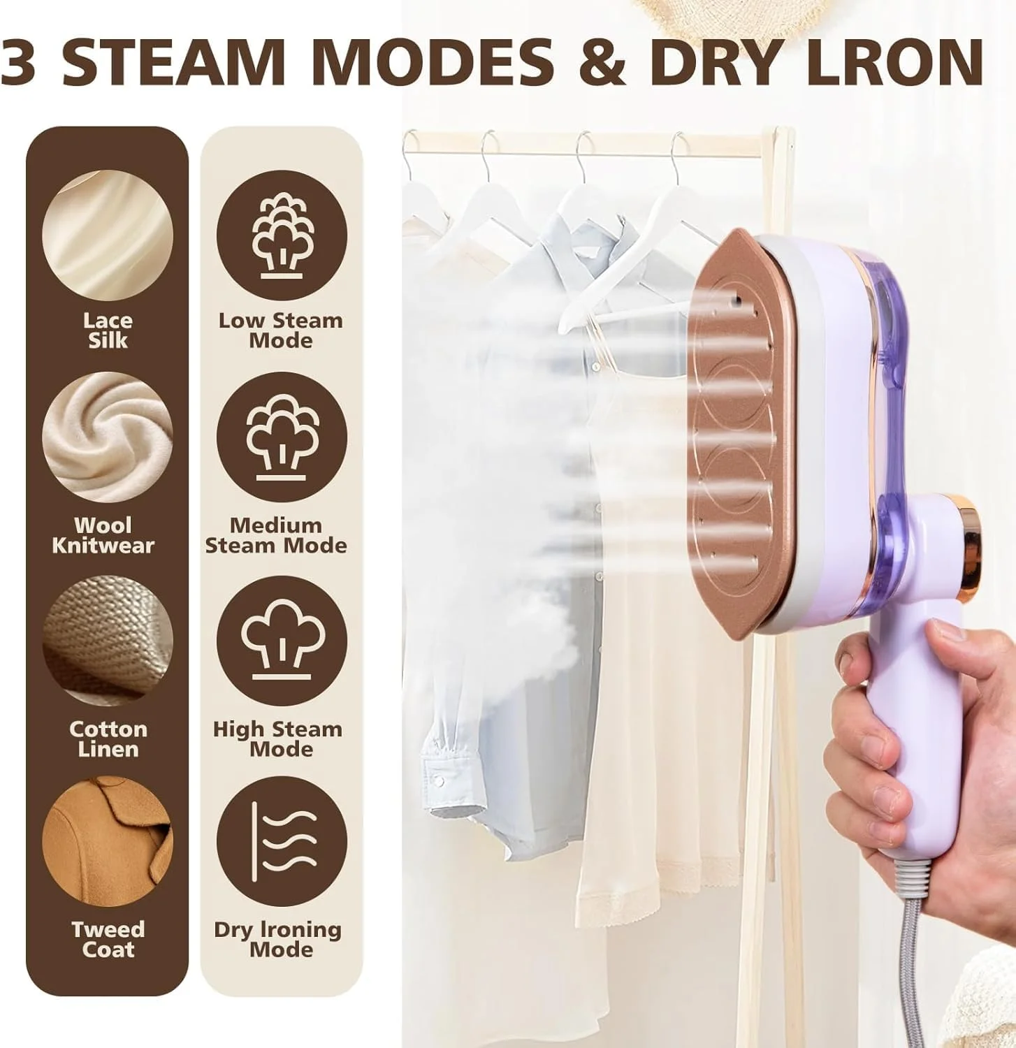 اتو بخار دستی 1200 واتی Kameety مناسب مسافرت، اتو مسافرتی کوچک قابل حمل با چرخش 180 درجه، اتو بخار 2 در 1 خشک و مرطوب لباس، مخزن آب 180 میلی لیتری (بنفش)