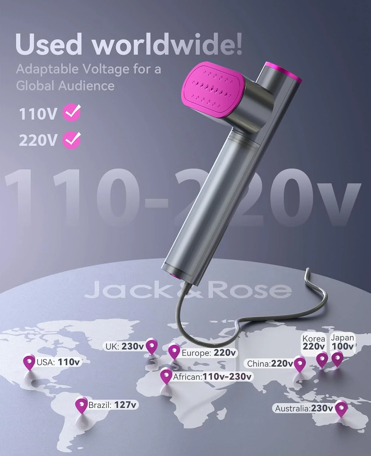 اتو بخار مسافرتی دو ولتاژ Jack & Rose برای لباس، 100-220 ولت، بخارگر قابل حمل، گرم شدن در 15 ثانیه، اتو بخار و اتو 2 در 1، بخارگر لباس سایز مسافرتی، صفحه حرارتی سرامیکی بزرگ، برای مسافرت های جهانی و اروپا
