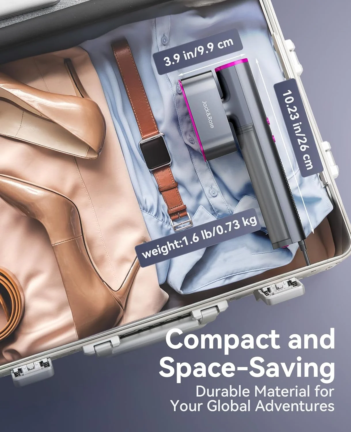 اتو بخار مسافرتی دو ولتاژ Jack & Rose برای لباس، 100-220 ولت، بخارگر قابل حمل، گرم شدن در 15 ثانیه، اتو بخار و اتو 2 در 1، بخارگر لباس سایز مسافرتی، صفحه حرارتی سرامیکی بزرگ، برای مسافرت های جهانی و اروپا