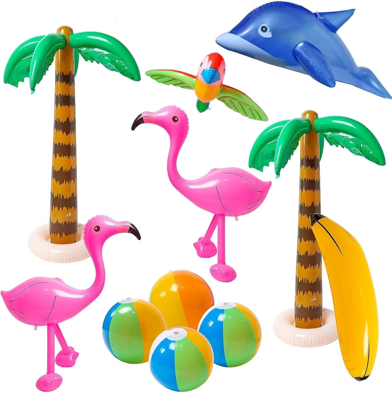 مجموعه 11 عددی اسباب بازی های مهمانی هاوایی AM ANNA شامل درخت نخل بادی، فلامینگو، موز، توپ ساحلی، طوطی، مناسب برای تزئینات مهمانی لوآ هاوایی استوایی، مهمانی استخر تابستانی و ساحل