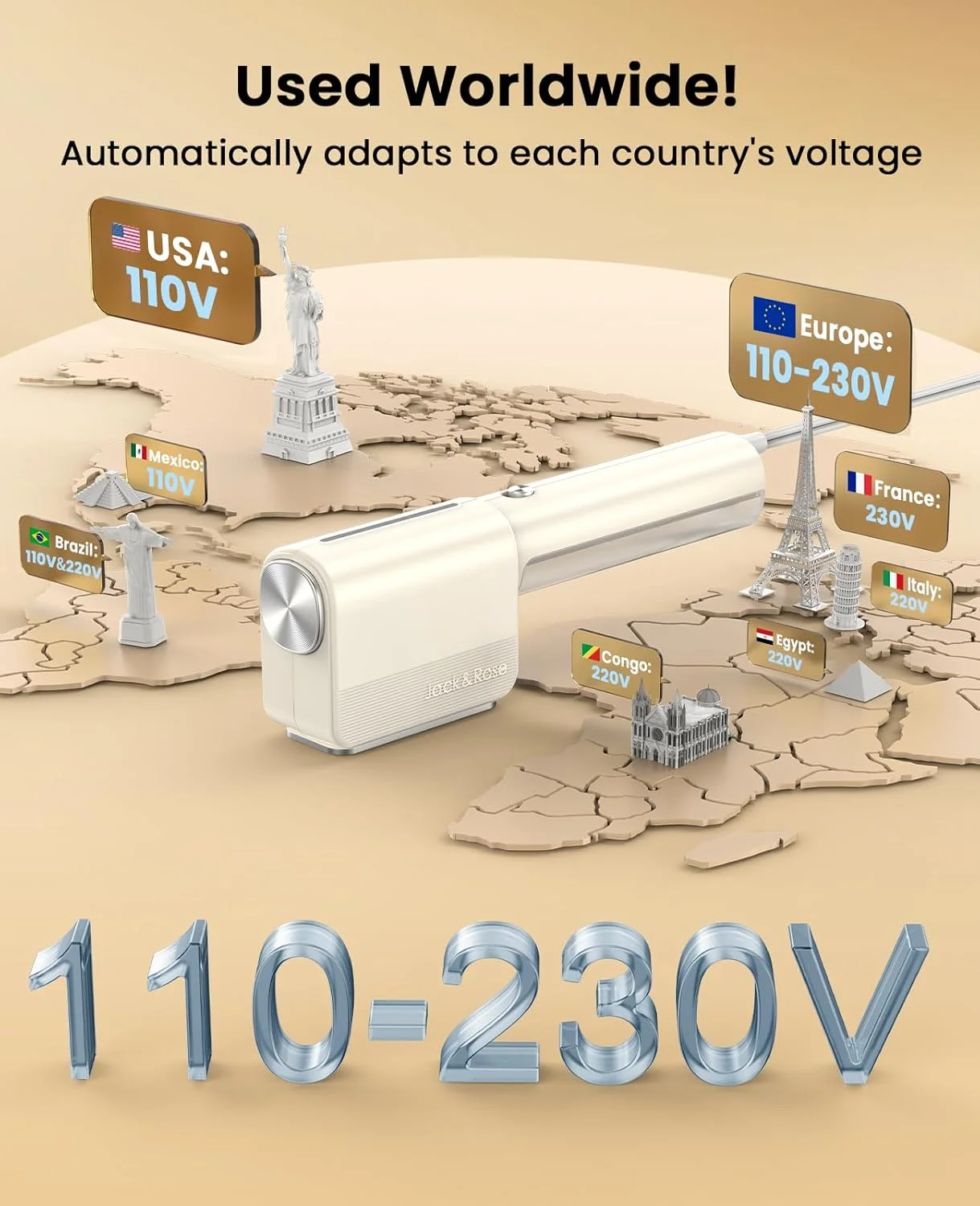 بخارگر لباس مسافرتی جک اند رز، بخارگر قابل حمل دو ولتاژ 110-220 ولت، بخار فشار قوی، بخارگر کوچک مسافرتی لباس، اتو بخار، صفحه حرارتی سرامیکی بزرگ، برای مسافرت های جهانی و اروپا