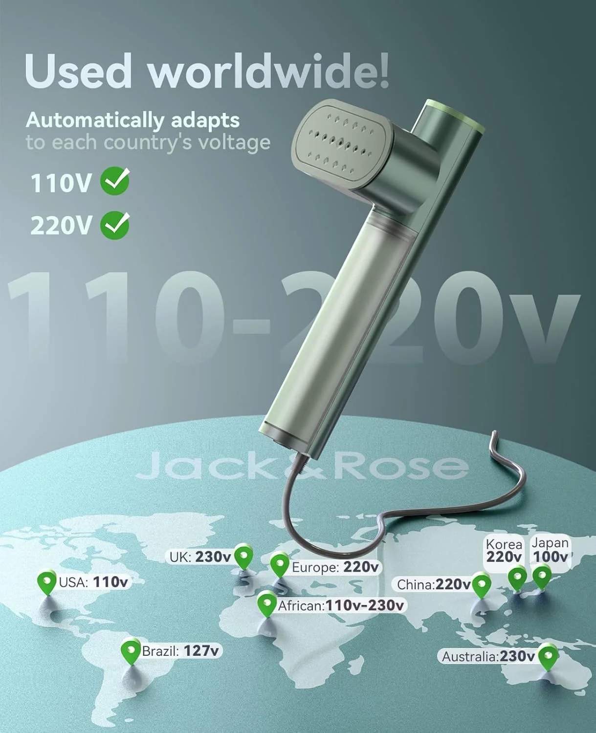 بخارگر لباس مسافرتی دو ولتاژ Jack & Rose، بخارگر قابل حمل 100-220 ولت، گرم شدن در 15 ثانیه، بخارگر و اتو 2 در 1، بخارگر لباس سایز مسافرتی، صفحه حرارتی سرامیکی بزرگ، برای مسافرت های جهانی و اروپا
