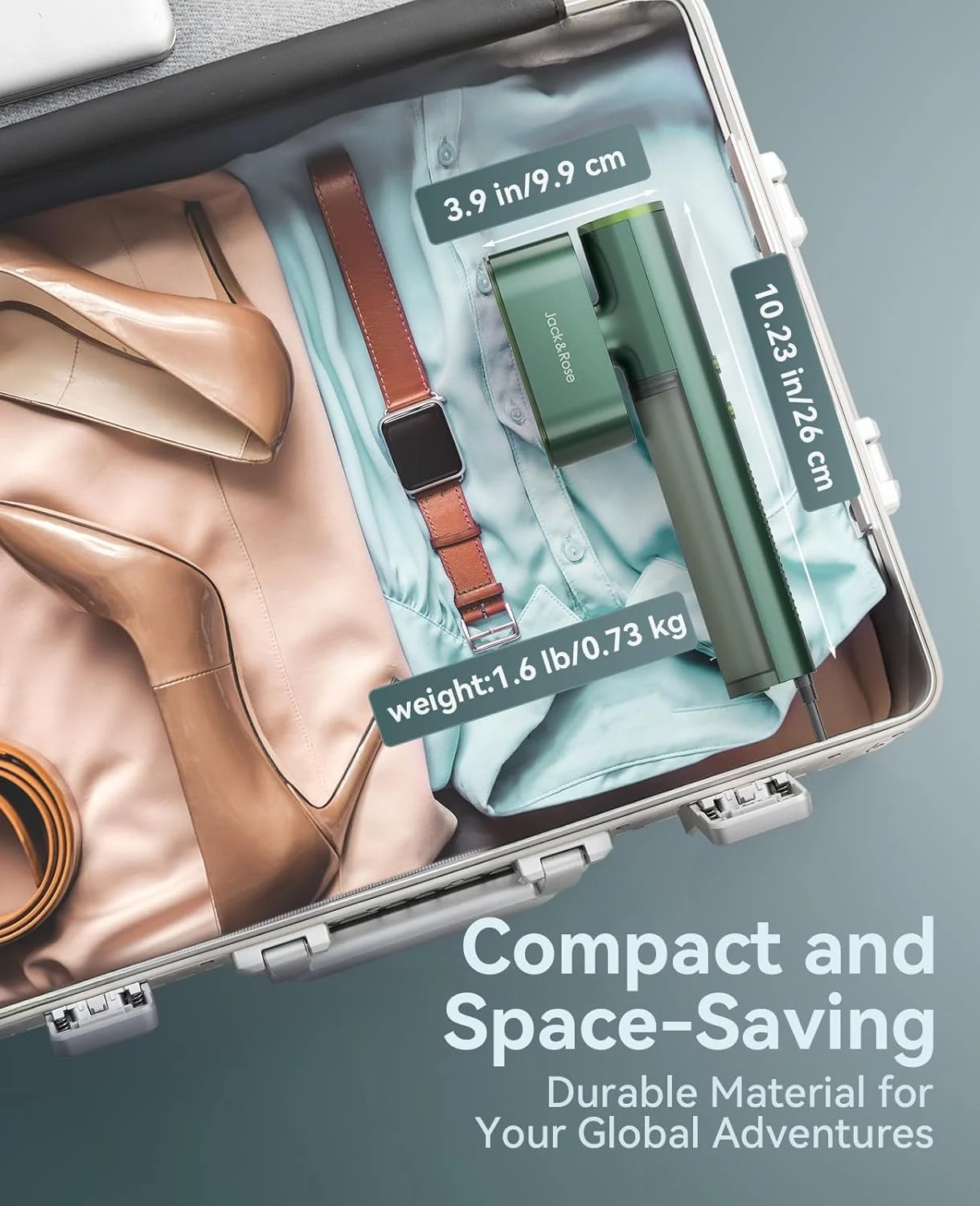 بخارگر لباس مسافرتی دو ولتاژ Jack & Rose، بخارگر قابل حمل 100-220 ولت، گرم شدن در 15 ثانیه، بخارگر و اتو 2 در 1، بخارگر لباس سایز مسافرتی، صفحه حرارتی سرامیکی بزرگ، برای مسافرت های جهانی و اروپا