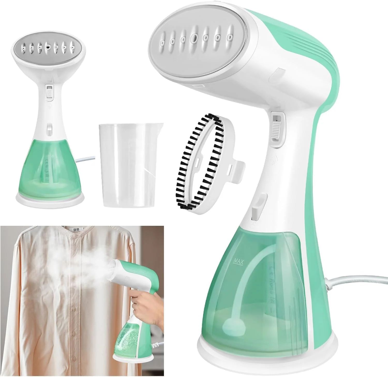 بخارگر دستی لباس، مینی از بین برنده چروک قابل حمل، اتو بخار 1500 واتی با مخزن آب بزرگ 300 میلی لیتری، از بین برنده چروک با بخارگر اتو برای همه پارچه ها، گرمایش سریع 30 ثانیه ای، بخارگر قابل حمل لباس (سبز)