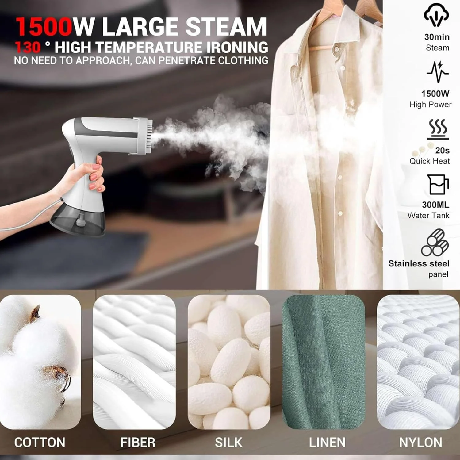 بخارگر دستی لباس، بخارگر لباس 1500 واتی و بخار مسافرتی، گرم شدن سریع، اتو بخار قدرتمند قابل حمل با مخزن آب بزرگ 300 میلی لیتری، مینی از بین برنده چروک جمع و جور پارچه