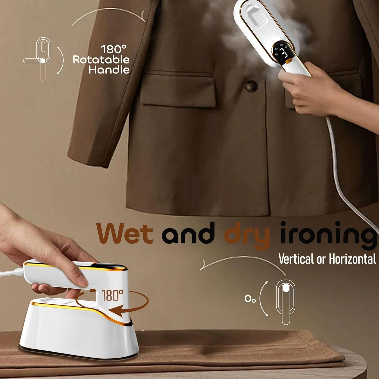 اتو بخار دستی 2 در 1 با توان 1200 وات، بخارگر لباس 3 حالته با صفحه نمایش LED، اتو بخار قابل حمل برای منزل، مسافرت، گرم شدن سریع در 10 ثانیه، مخزن آب 150 میلی لیتری