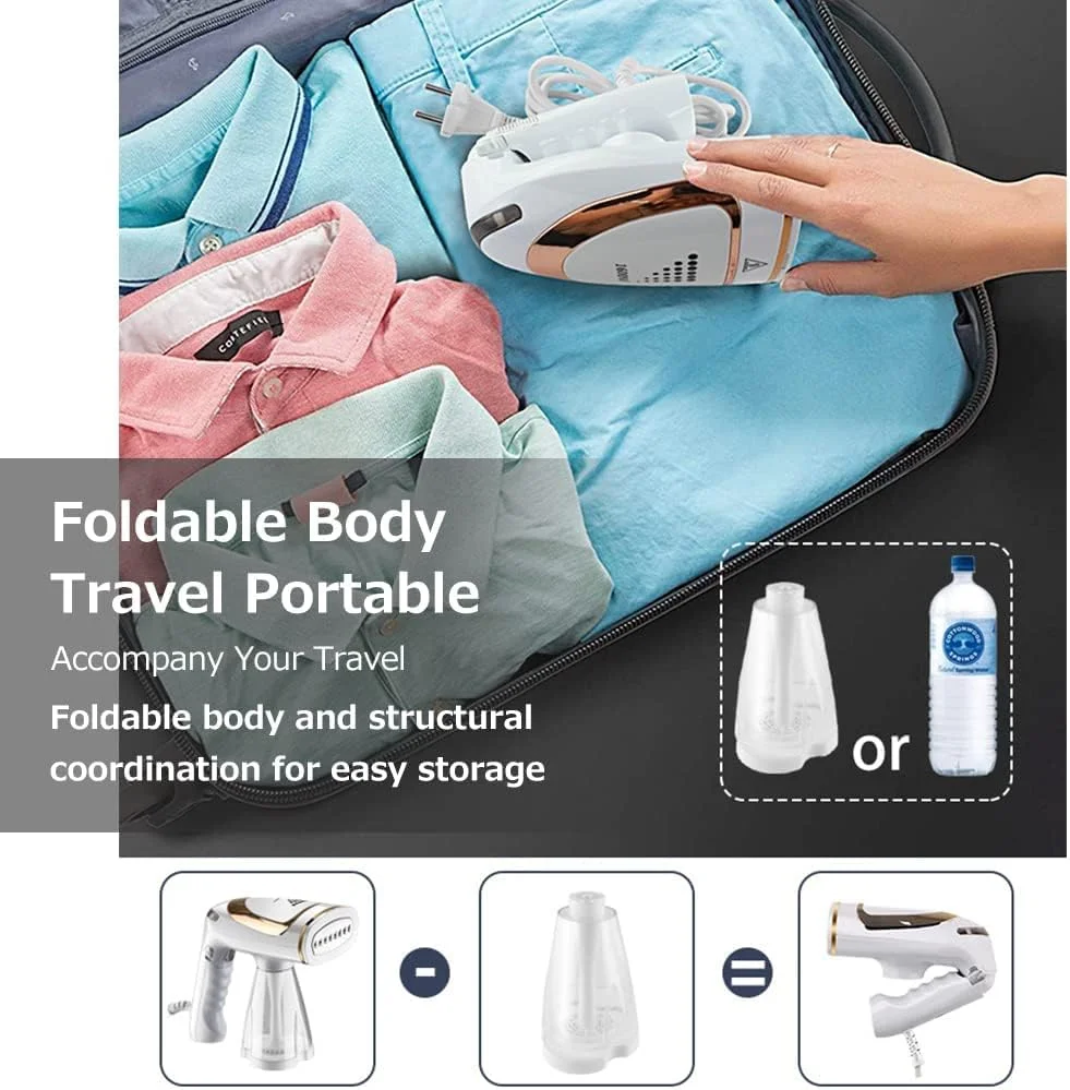 بخارگرهای مسافرتی، اتو بخار دستی قابل حمل برای لباس و پارچه 1600 وات، گرم شدن سریع 40 ثانیه ای، خاموش شدن خودکار، مخزن آب بزرگ جداشدنی، از بین برنده چروک پارچه و اتو لباس 2 در 1