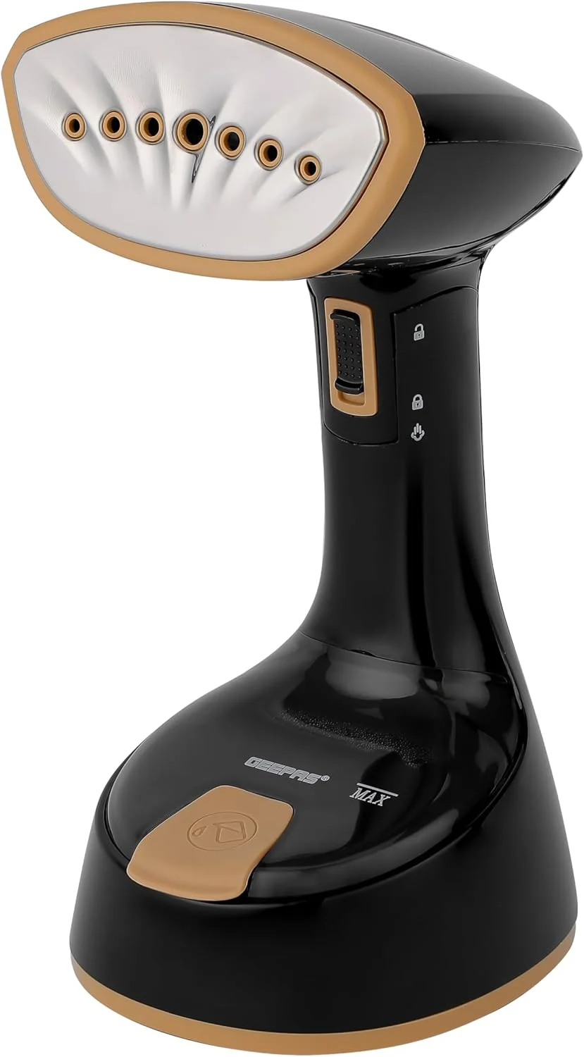 بخارگر لباس دستی Geepas مدل GGS25034 | آماده برای استفاده در 30 ثانیه | مناسب برای انواع پارچه | مجهز به سری استیل ضد زنگ و ظرفیت 150 میلی لیتر | مشکی و طلایی