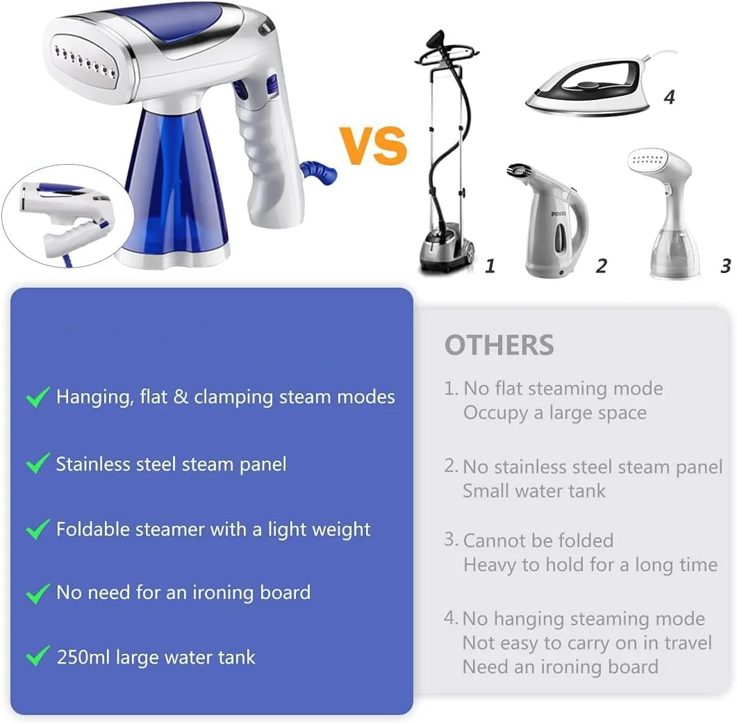 بخارگر لباس، اتو بخار لباس با 3 حالت مختلف برای از بین بردن چروک پارچه، بخارگر مسافرتی لباس با مخزن آب بزرگ 250 میلی لیتری، اتو بخار با گرم شدن سریع برای لباس با 3 برس