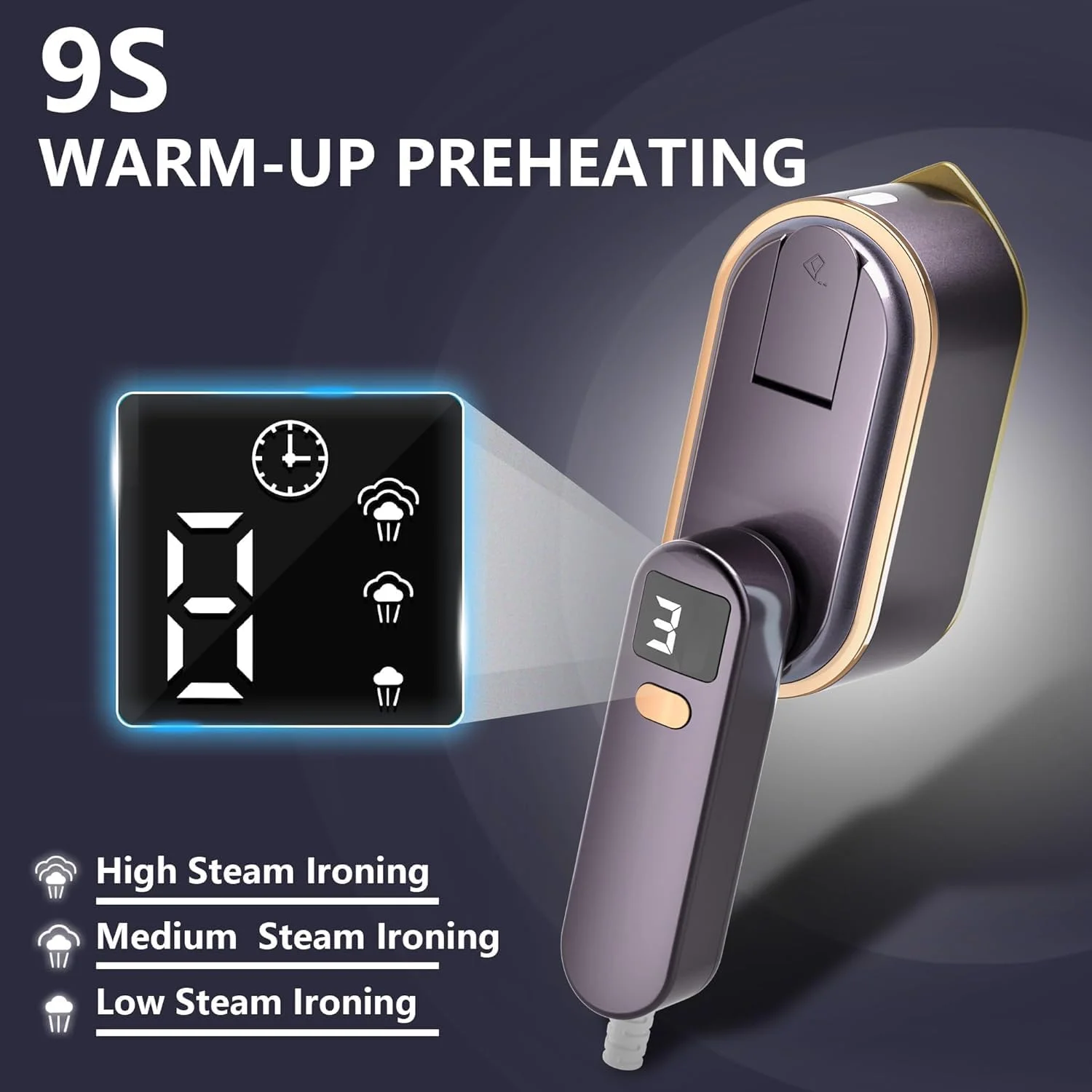 اتو بخار مسافرتی ENYEE برای لباس - اتو بخار دستی قابل حمل 1200 وات، اتو بخار لباس با 3 سطح بخار با صفحه نمایش LCD، اتو بخار با گرم شدن سریع 10 ثانیه ای برای پیراهن، لباس، منزل، مسافرت (بنفش)