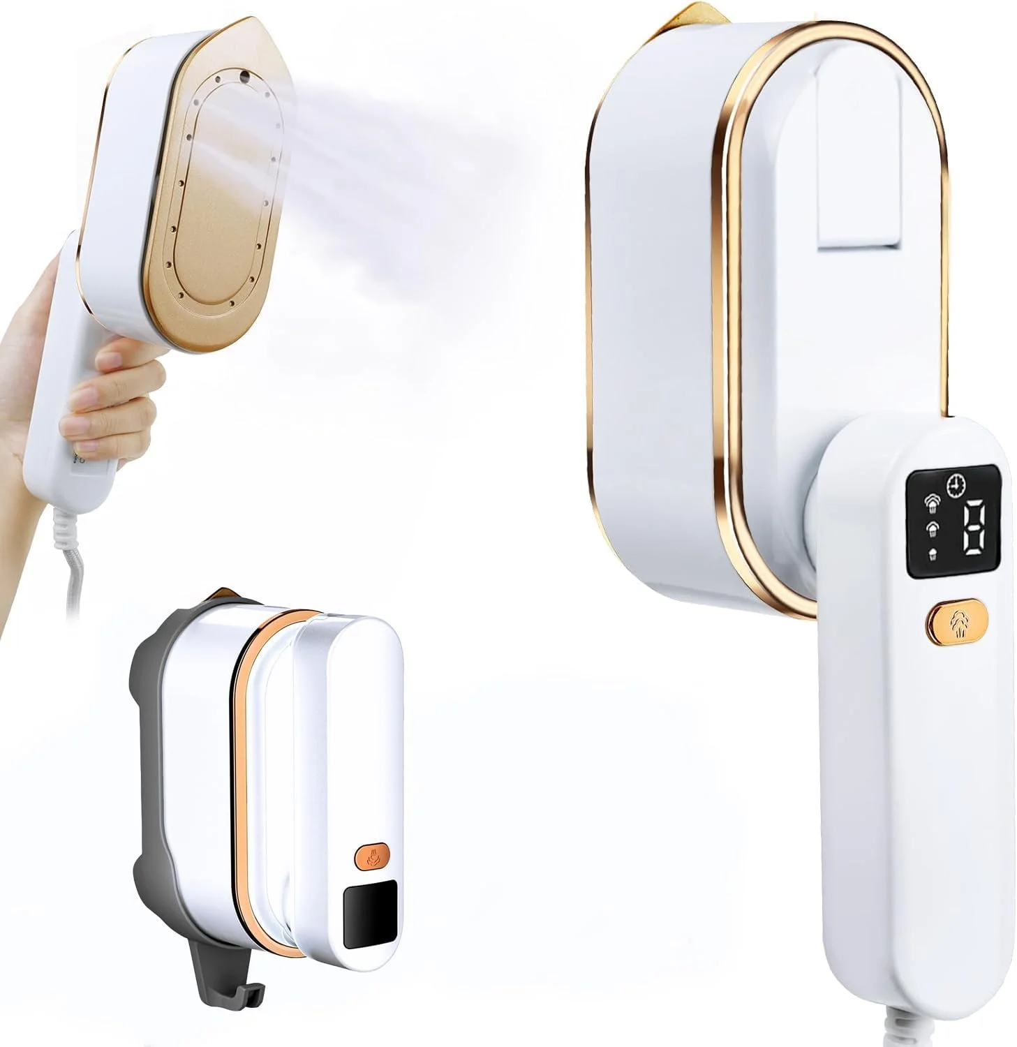 اتو بخار مسافرتی لباس ENYEE - اتو بخار دستی قابل حمل 1200 وات، اتو بخار لباس با 3 سطح بخار با صفحه نمایش LCD، اتو بخار با گرم شدن سریع 10 ثانیه ای برای پیراهن، لباس، مسافرت منزل (سفید)