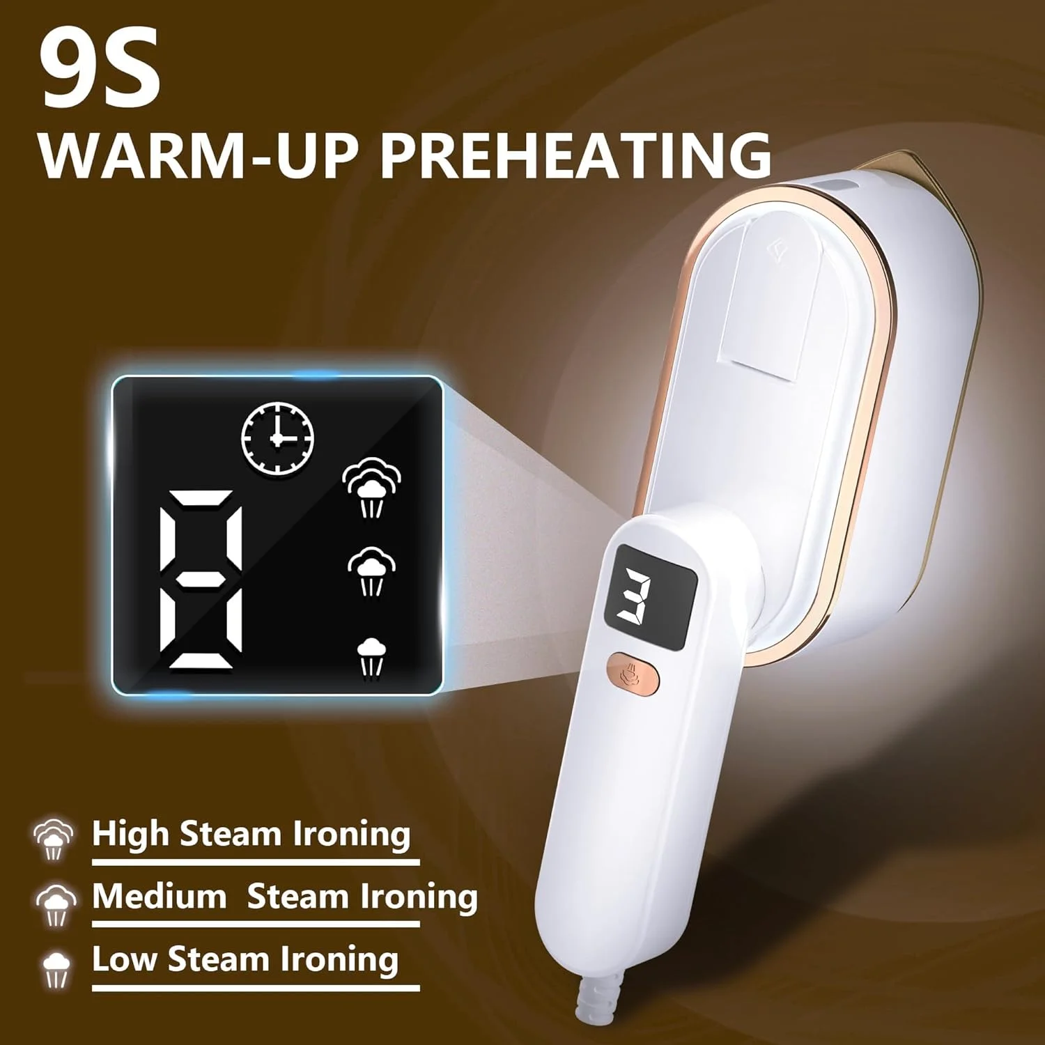 اتو بخار مسافرتی لباس ENYEE - اتو بخار دستی قابل حمل 1200 وات، اتو بخار لباس با 3 سطح بخار با صفحه نمایش LCD، اتو بخار با گرم شدن سریع 10 ثانیه ای برای پیراهن، لباس، مسافرت منزل (سفید)