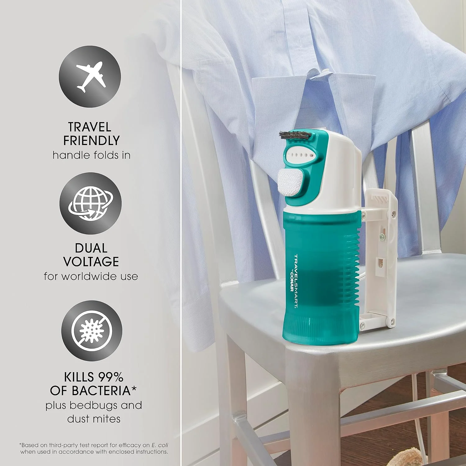 بخارگر مسافرتی لباس کونیر - بخارگر کوچک لباس، بخارگر پارچه ای سبز رنگ Travel Smart - قابل بسته بندی در چمدان دستی - دو ولتاژ
