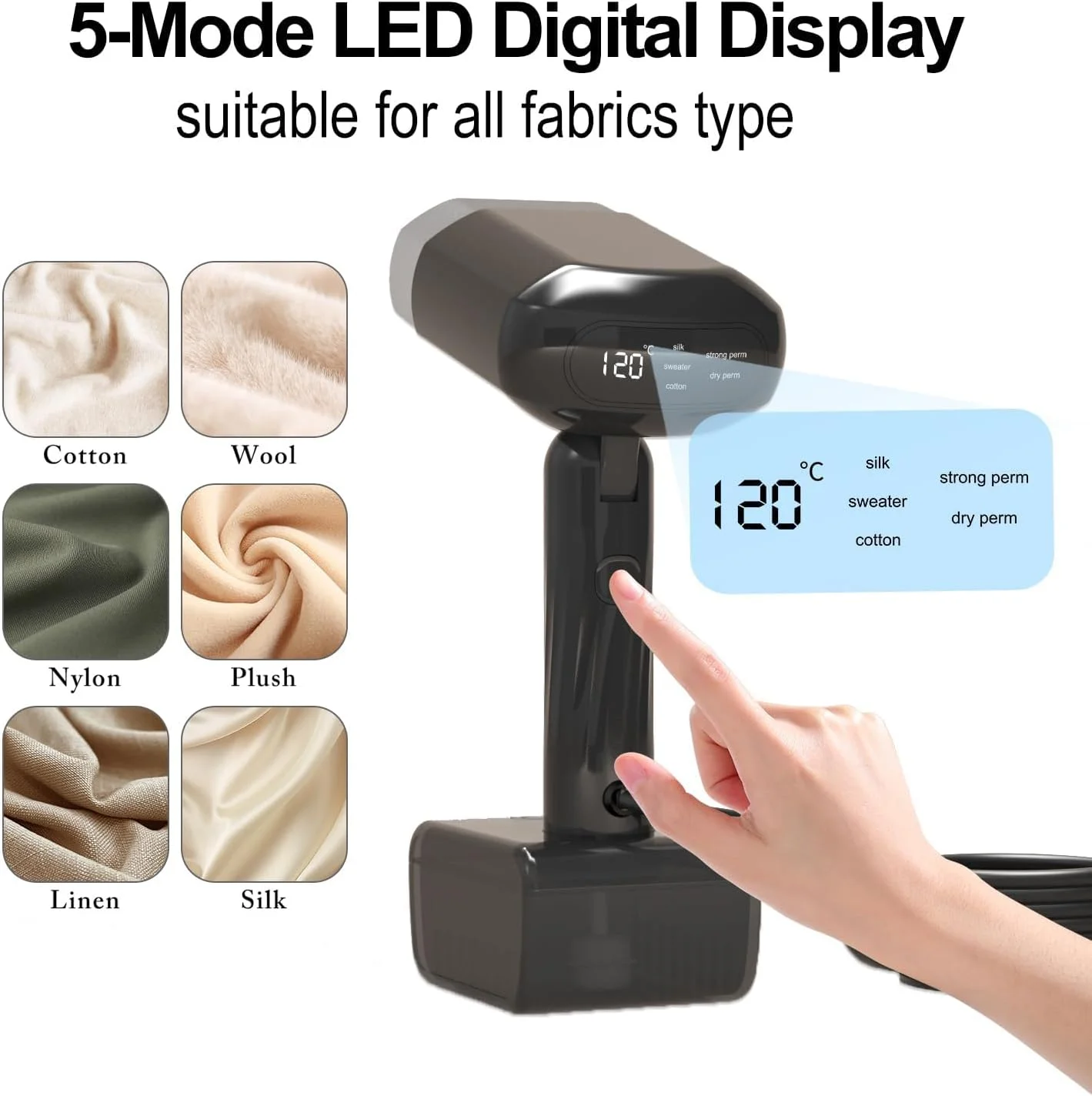 اتو بخار و اتو پرس 2 در 1، مخزن آب بزرگ 330 میلی لیتری، دمای قابل تنظیم 5 سطح با نمایشگر LED، رفع سریع چروک برای خانه، دفتر و مسافرت