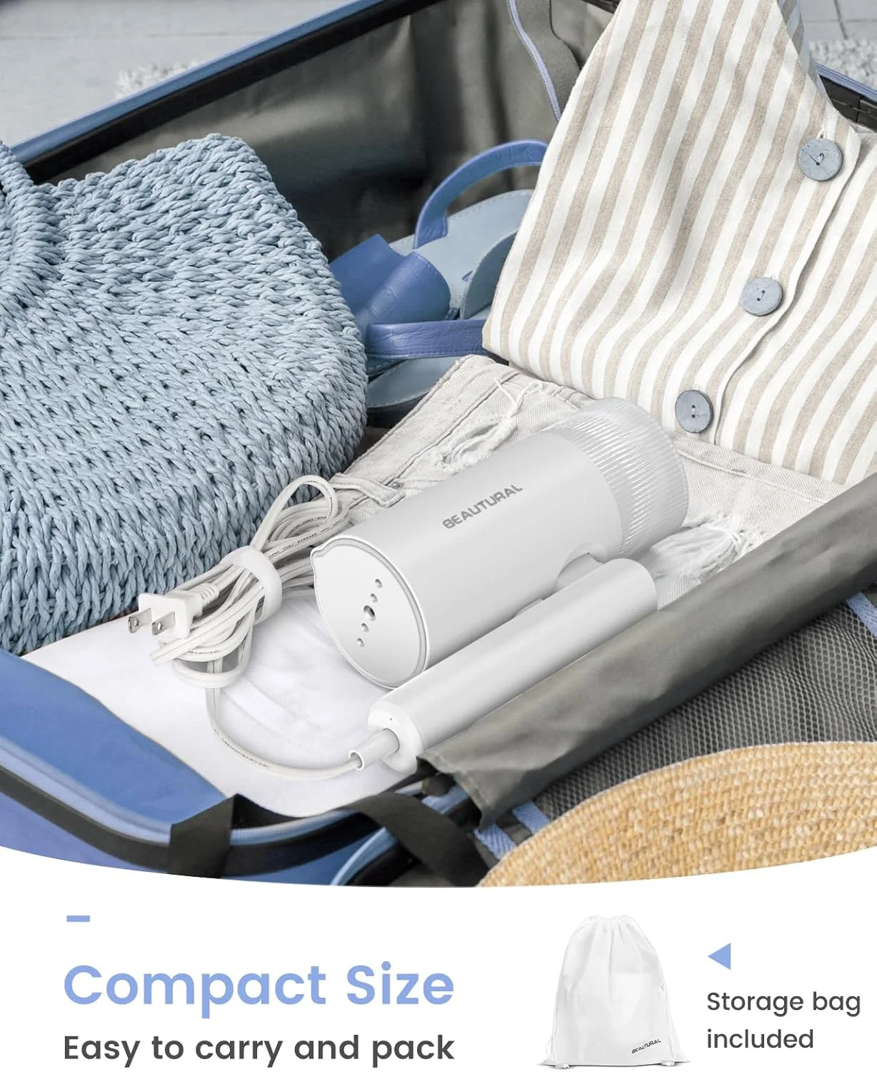 بخارگر لباس BEAUTURAL، اتو بخار تاشو و دستی برای از بین بردن چروک لباس، گرم شدن سریع 30 ثانیه ای، بخارگر پارچه قابل حمل برای کشورهای 120 ولت، مناسب برای استفاده در 220 ولت مانند اروپا نیست