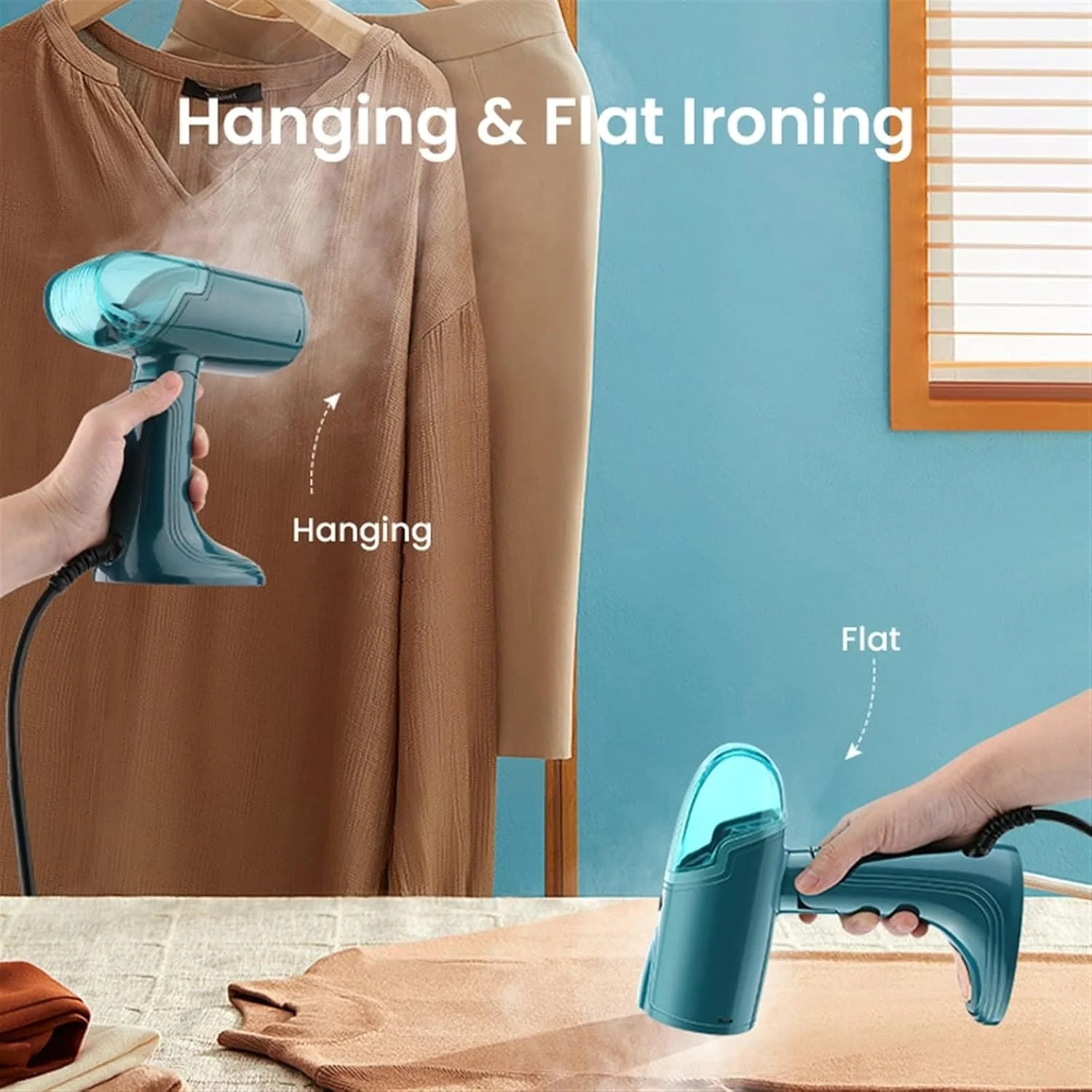 بخارگر مسافرتی لباس بولیوی، اتو بخار 1500 وات، بخارگر لباس با فناوری گرمایش سریع 35 ثانیه ای، بخارگر دستی لباس 3 در 1 بخارگر قابل حمل برای خانه و مسافرت (فیروزه ای)