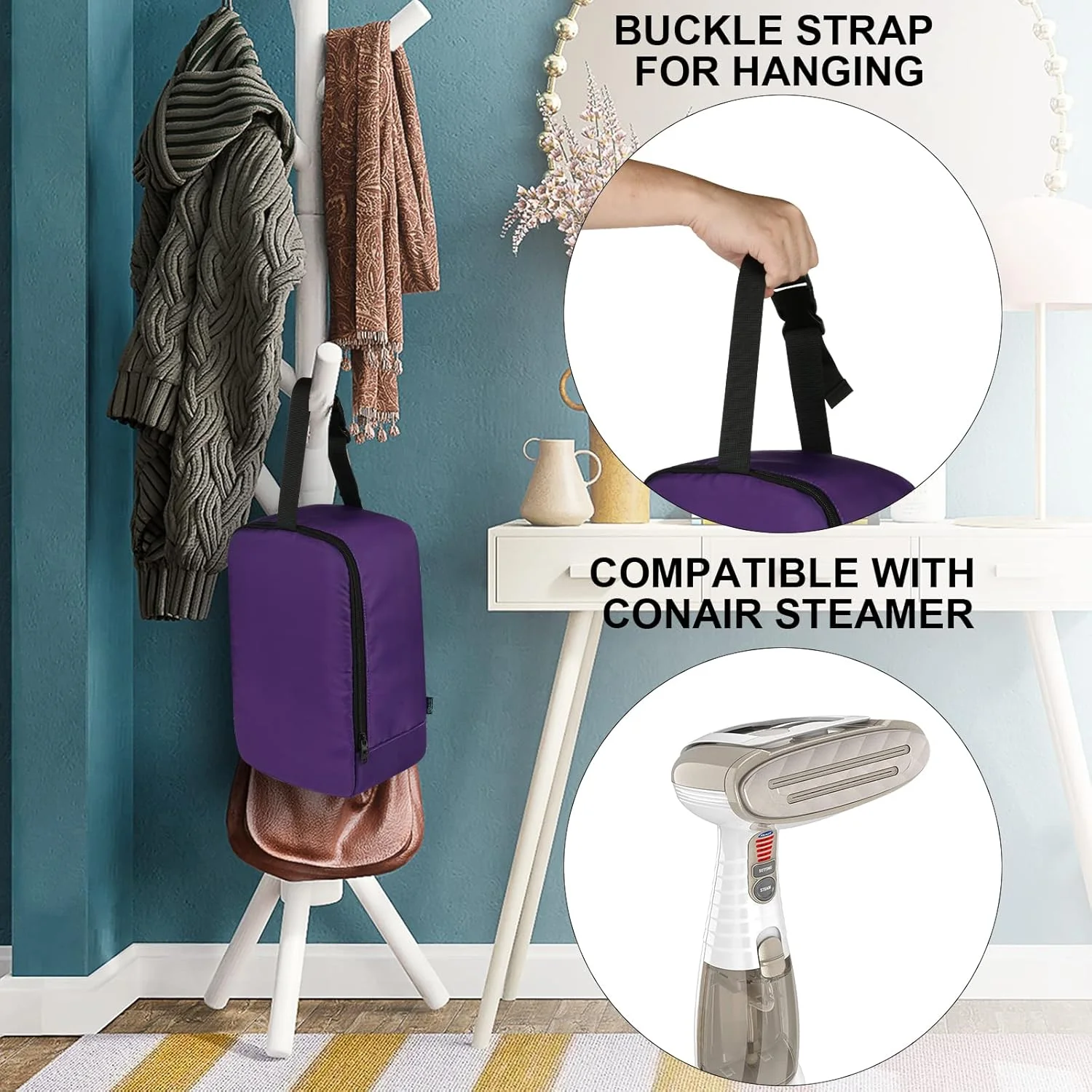 کیف اتو بخار مسافرتی Beautyflier مناسب برای اتو بخار دستی Conair، کیف حمل اتو بخار دستی قابل حمل، سازمان دهنده کیف اتو با بند سگک آویز، فقط کیف (بنفش)