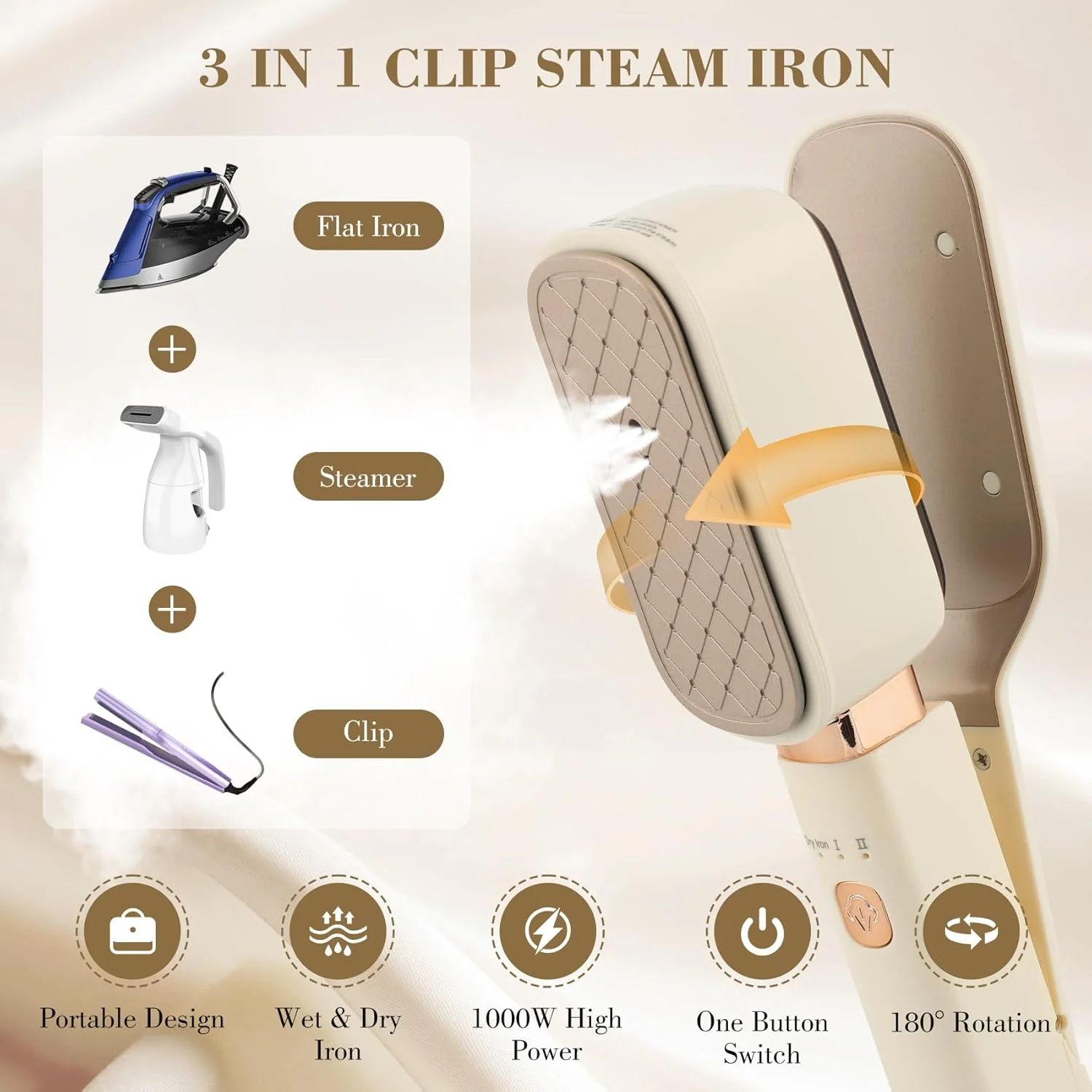 اتو بخار مسافرتی لباس آنجو، اتو بخار دستی 3 در 1 قابل حمل، اتو بخار لباس سبک 1000 واتی، گرم شدن سریع، 10 دقیقه بخار مداوم، طراحی دسته چرخان 180 درجه برای مسافرت و خانه