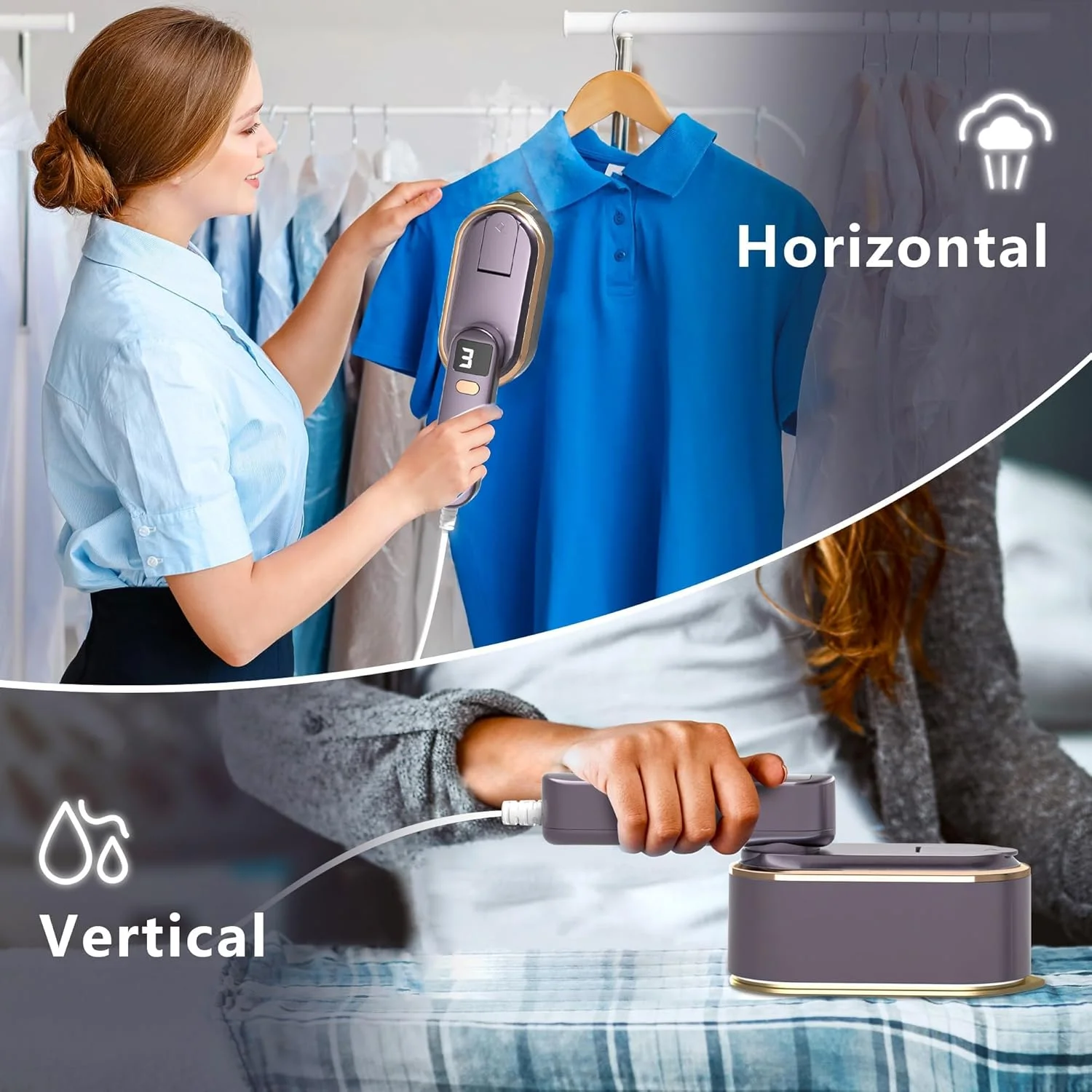 بخارگر لباس مسافرتی BIGTHREE، اتو بخار قابل حمل، از بین برنده قدرتمند چین و چروک لباس 2 در 1 برای پوشاک، 3 سطح خروجی بخار، گرم شدن سریع 10 ثانیه ای، اتو با صفحه نمایش LCD برای مسافرت، خانه، دفتر