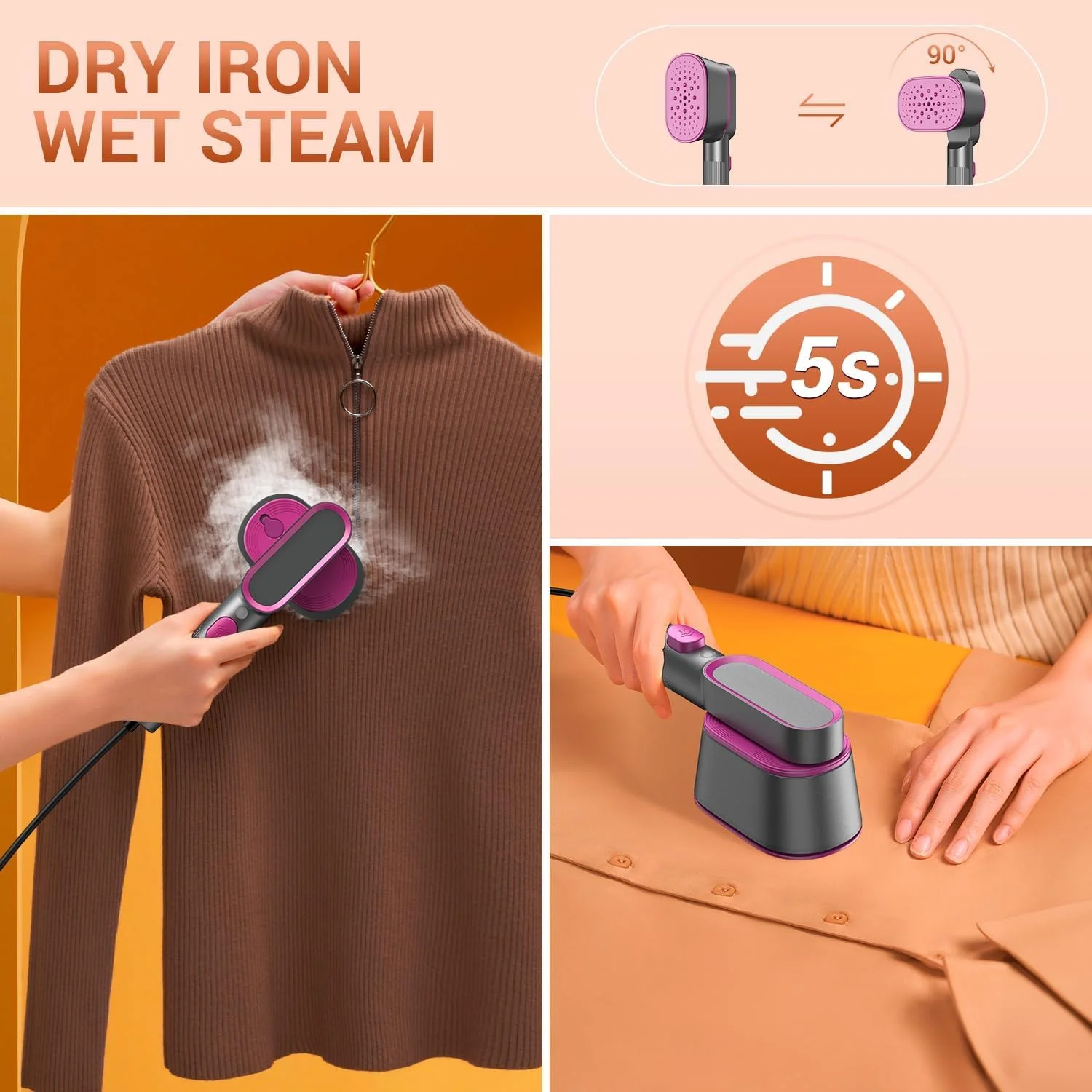 بخارگر دستی لباس BIGTHREE، بخارگر قدرتمند 1000 واتی لباس، اتو بخار نافذ قوی 2 در 1، گرم شدن سریع 9 ثانیه ای، از بین برنده چین و چروک پارچه و اتو لباس برای خانه، مسافرت