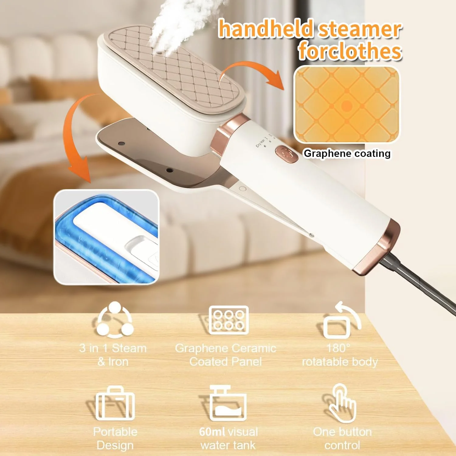 اتو بخار مسافرتی قابل حمل Angju برای لباس، اتو پرس دستی مینی 3 در 1، اتو بخار 1000 واتی سبک برای لباس، گرم شدن سریع، بخار مداوم، اتو بخار با دسته چرخان 180 درجه برای مسافرت و خانه