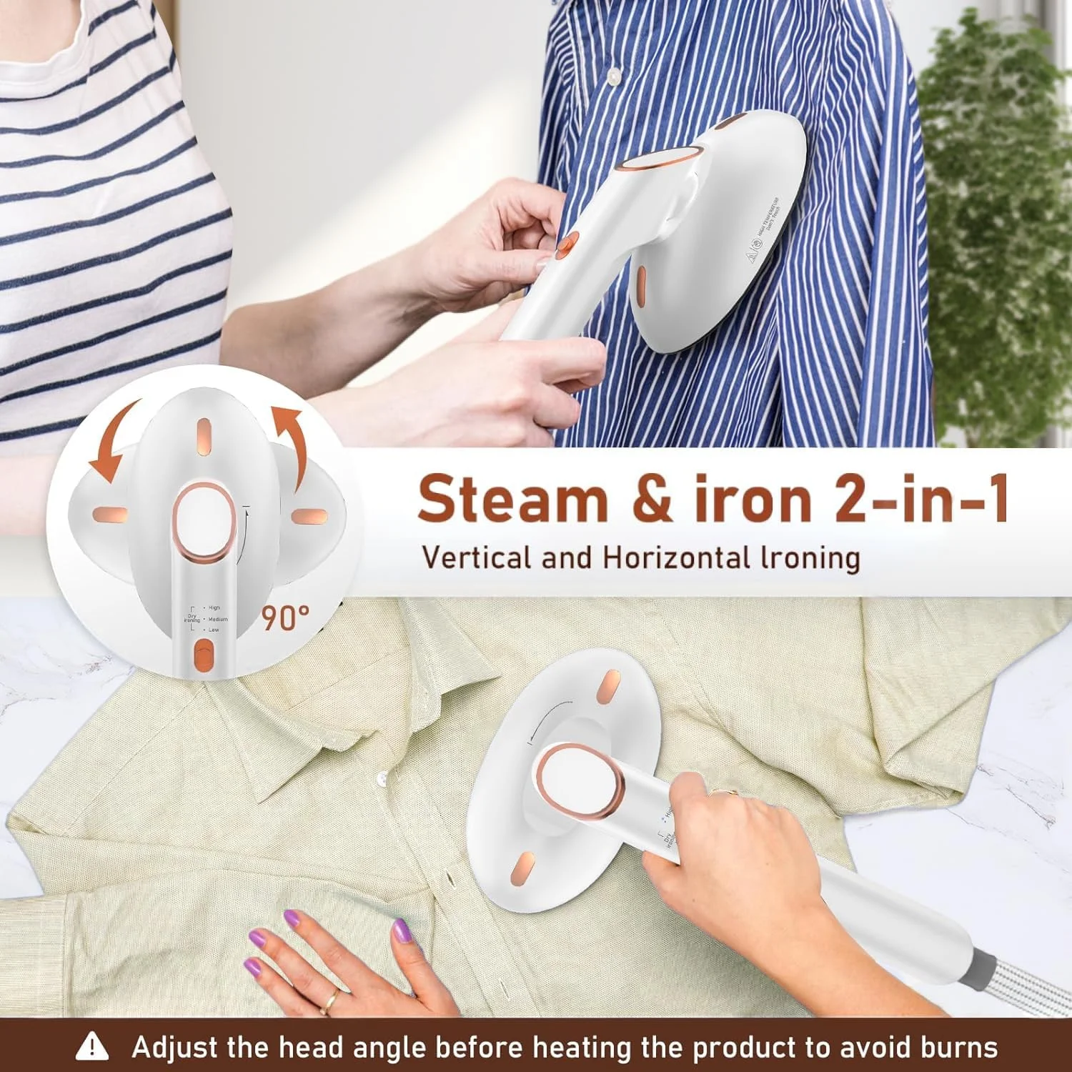 بخارگر دستی لباس آنجو، اتو بخار و اتو لباس مسافرتی با مخزن آب جداشدنی 400 میلی لیتری، بخارگر لباس با صفحه بزرگ 1500 واتی با 4 حالت اتوکشی قابل تنظیم + سر اتو چرخشی 90 درجه