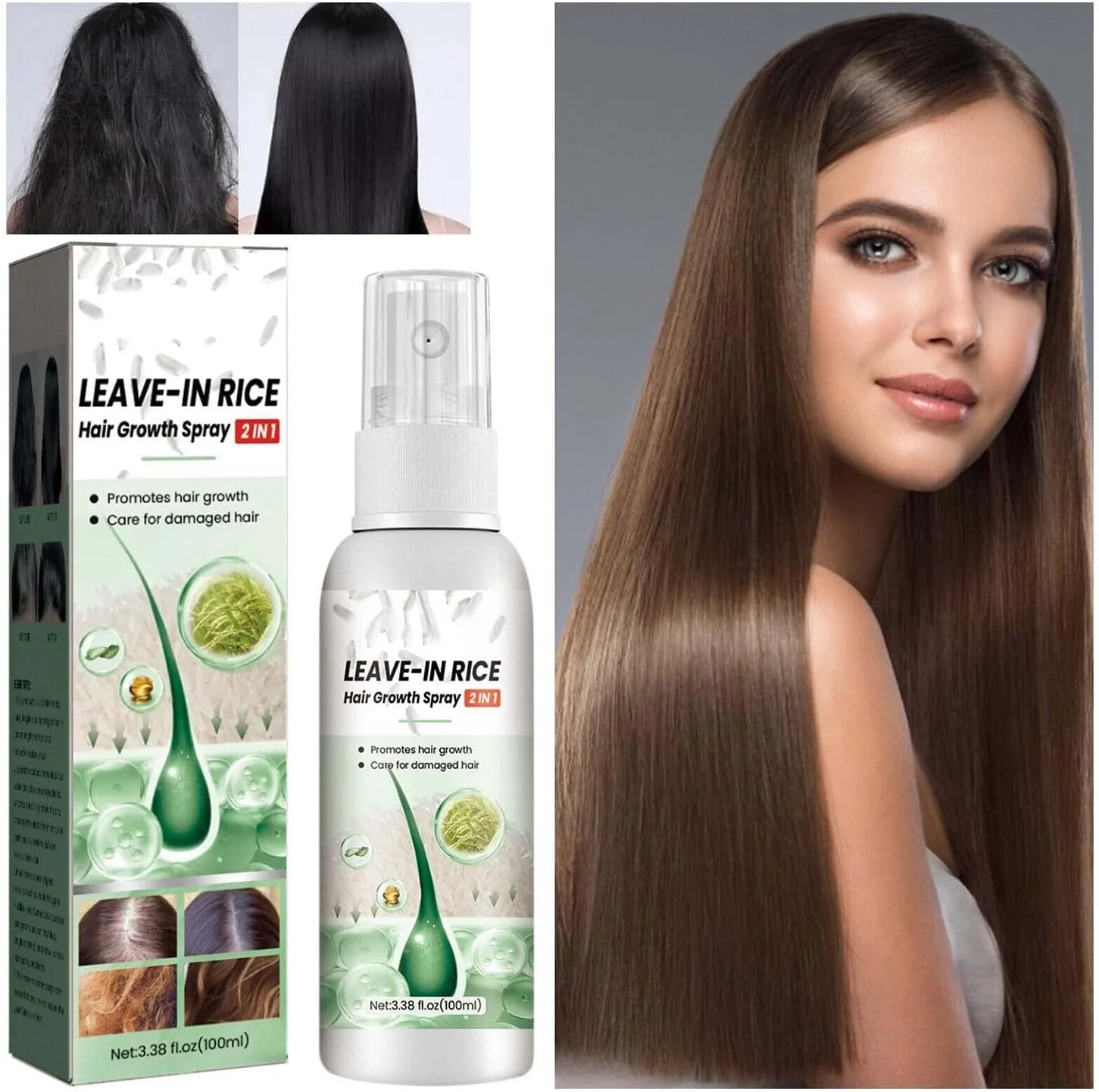 سرم آب برنج، اسپری سرم موی آب برنج، اسپری رشد موی آب برنج FIDNTtural، سرم آب برنج تخمیر شده، سرم رشد مو برای نازک شدن مو و ریزش مو (3 عدد)