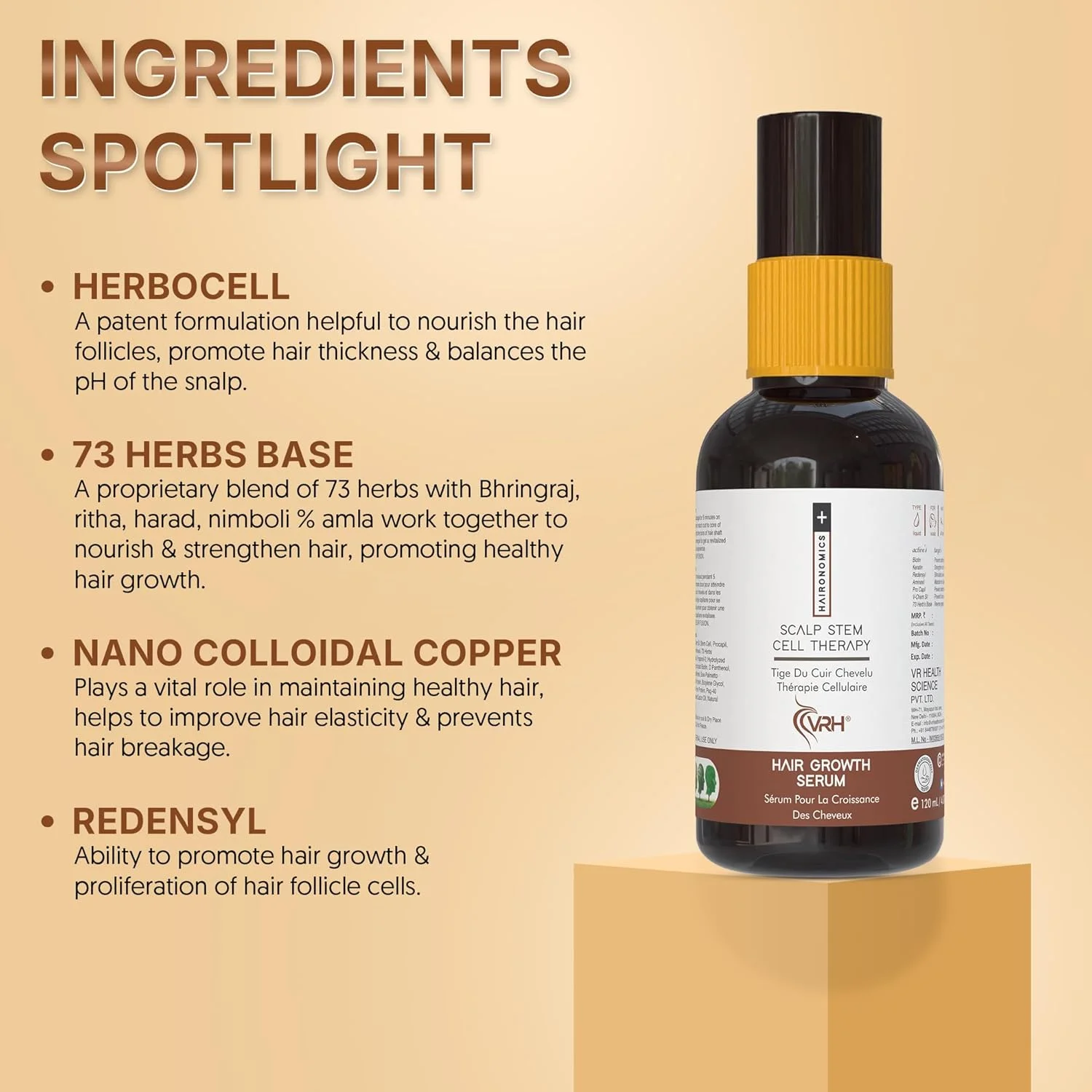 سرم رشد مو VRH | ردنسيل، پروکاپیل با هربوسل و 73 عصاره گیاهی | برینگراج، آملا، ریتا و هاراد | تقویت کننده ریشه مو و پشتیبانی از موهای سالم | برای آقایان و بانوان | 120 میلی لیتر