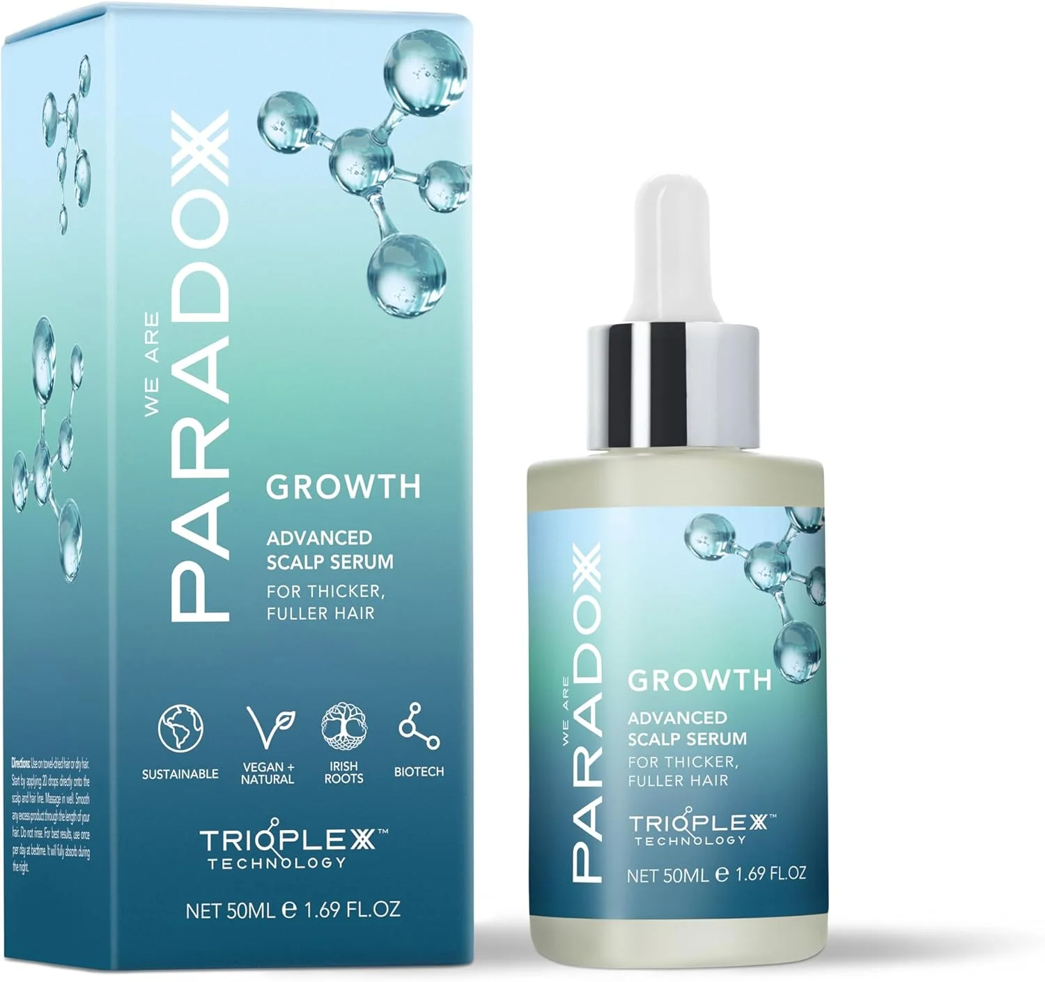 سرم موی سر 50 میلی لیتری WE ARE PARADOXX، برای موهایی ضخیم تر و سالم تر، فناوری Trioplexx برای تحریک پوست سر و فولیکول های مو، رشد پیشرفته، هدیه زیبایی، سایز مسافرتی، وگان و بدون تست حیوانی