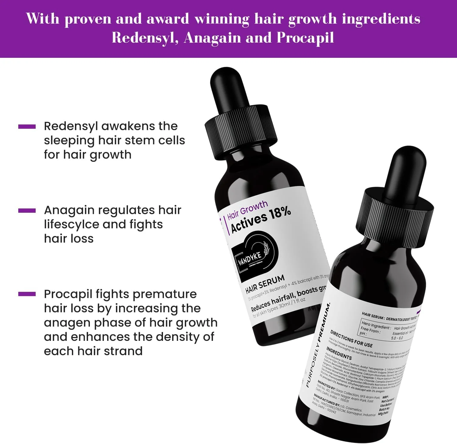 سرم فعال کننده رشد مو 18% Vandyke حاوی پروکاپیل، کاپیلا لونگا، رِدِنسیل و بایکاپیل (30 میلی لیتر)، 100 گرم