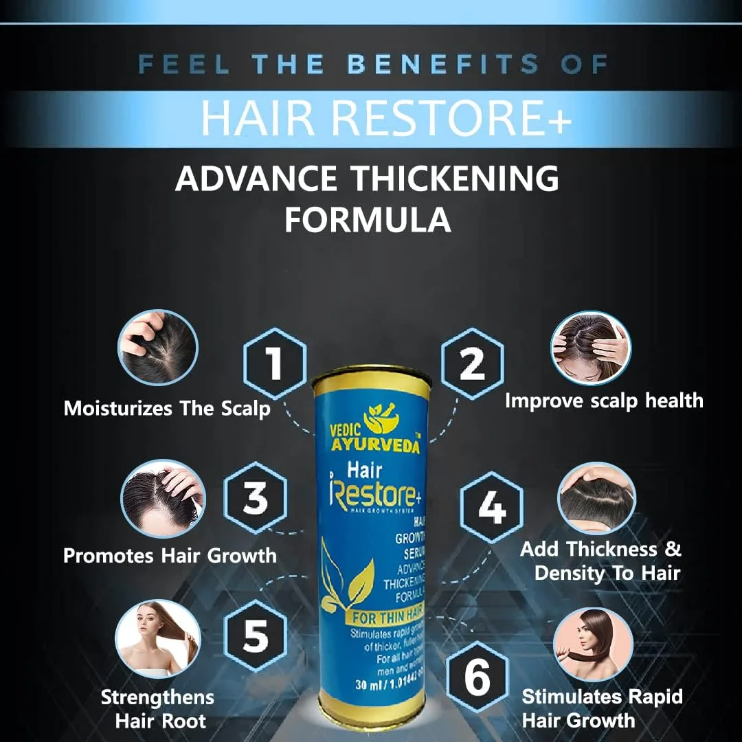 سرم احیا کننده مو VEDICAYURVEDA Hair Restore+ سرم رشد مو فرمول پیشرفته ضخیم کننده / سرم حیات بخش برای ریزش مو / درمان فشرده رشد مو / 30 میلی لیتر
