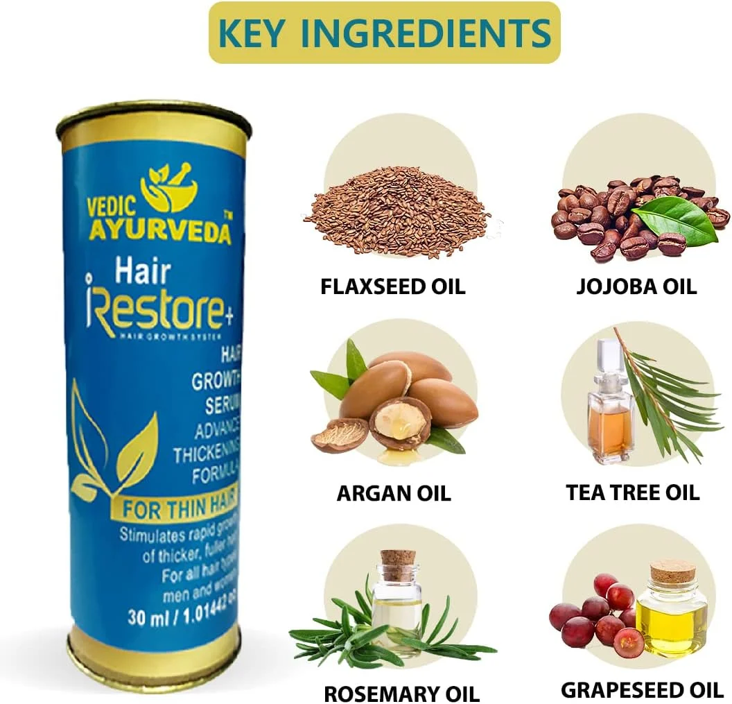 سرم احیا کننده مو VEDICAYURVEDA Hair Restore+ سرم رشد مو فرمول پیشرفته ضخیم کننده / سرم حیات بخش برای ریزش مو / درمان فشرده رشد مو / 30 میلی لیتر