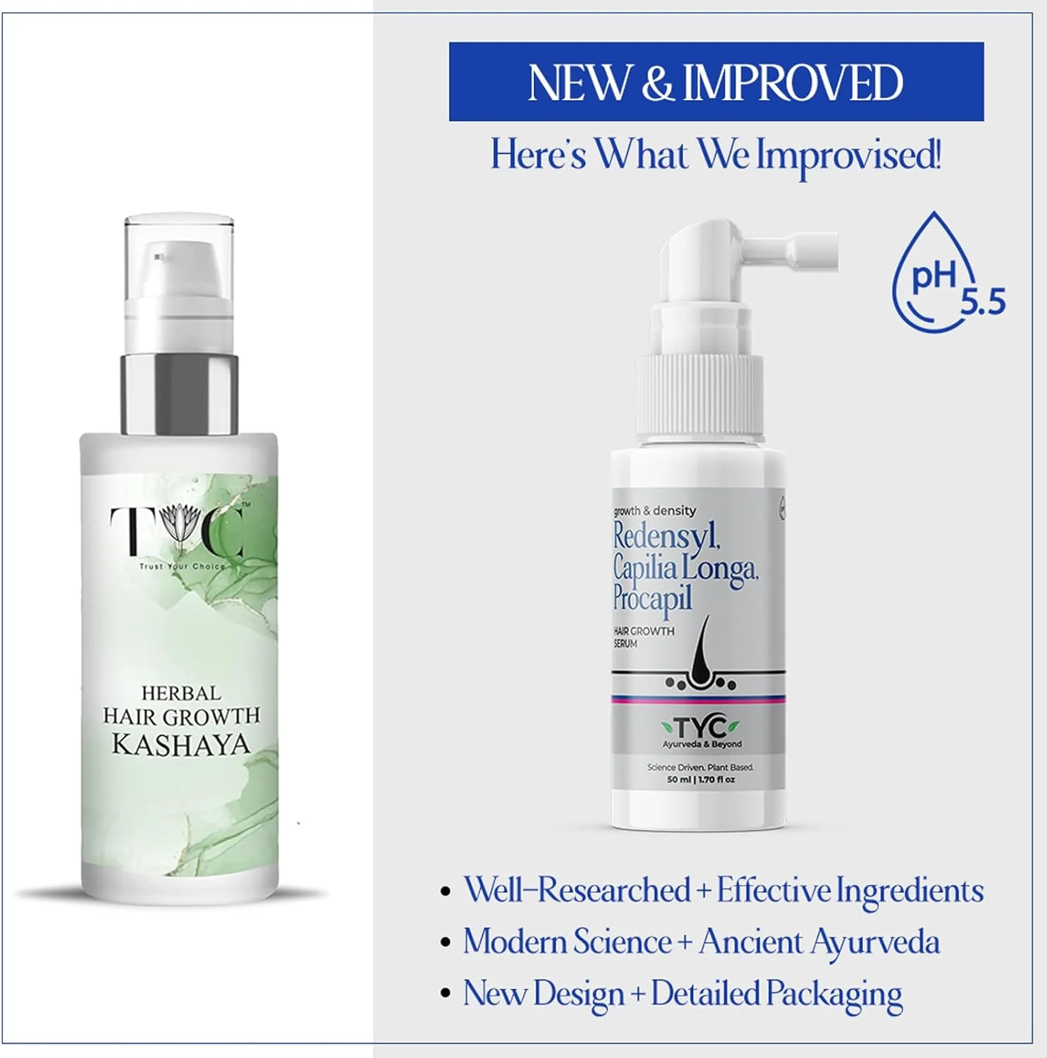 سرم رشد مو گیاهی TYC - TRUST YOUR CHOICE حاوی 3% Redensyl، 1% Procapil و 1% Capilia Longa | کنترل ریزش مو، نازک شدن مو و کم پشتی مو | تشویق رشد مو | PH 5.5، 140 گرم